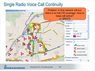 Single Radio Voice Call Continuity
                                       Problem: in first network roll-out,
                                     there is no full LTE coverage. How to
                                                keep call active?
                                                   => SRVCC




               November 2012 | LTE measurements|   228
 