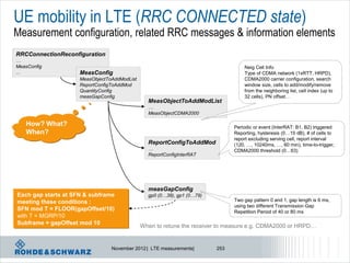 UE mobility in LTE (RRC CONNECTED state)
Measurement configuration, related RRC messages & information elements
RRCConnectionReconfiguration
…
MeasConfig                                                                         Neig Cell Info
...                  MeasConfig                                                    Type of CDMA network (1xRTT, HRPD),
                     MeasObjectToAddModList                                        CDMA2000 carrier configuration, search
                     ReportConfigToAddMod                                          window size, cells to add/modify/remove
                     QuantityConfig                                                from the neighboring list, cell index (up to
                     measGapConfig                                                 32 cells), PN offset…
                                                MeasObjectToAddModList
                                                …
                                                MeasObjectCDMA2000

   How? What?                                                                  Periodic or event (InterRAT: B1, B2) triggered
   When?                                                                       Reporting, hysteresis (0…15 dB), # of cells to
                                                                               report excluding serving cell, report interval
                                                ReportConfigToAddMod           (120, …, 10240ms, …, 60 min), time-to-trigger,
                                                …                              CDMA2000 threshold (0…63)
                                                ReportConfigInterRAT




                                                measGapConfig
Each gap starts at SFN & subframe               gp0 (0…39), gp1 (0…79)
meeting these conditions :                                                     Two gap pattern 0 and 1, gap length is 6 ms,
                                                                               using two different Transmission Gap
SFN mod T = FLOOR(gapOffset/10)                                                Repetition Period of 40 or 80 ms
with T = MGRP/10
Subframe = gapOffset mod 10
                                              When to retune the receiver to measure e.g. CDMA2000 or HRPD…


                                 November 2012 | LTE measurements|       253
 