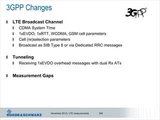 3GPP Changes
l   LTE Broadcast Channel
    l   CDMA System Time
    l   1xEVDO, 1xRTT, WCDMA, GSM cell parameters
    l   Cell (re)selection parameters
    l   Broadcast as SIB Type 8 or via Dedicated RRC messages


l   Tunneling
    l   Receiving 1xEVDO overhead messages with dual Rx ATs


l   Measurement Gaps




                        November 2012 | LTE measurements|   258
 