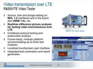 Video transmission over LTE
R&S®VTE Video Tester
l   Source, sink and dongle testing on
    MHL 1.2 interfaces and in the future
    also HDMI 1.4c, etc.
l   Realtime difference picture analysis
    for testing video transmissions over
    LTE                                                         R&S®VTE Video Tester
l   Combined protocol testing and
    audio/video analysis
l   Future-ready, modular platform
    accommodating up to three test
    modules
l   Localized touchscreen user interface
l   Integrated test automation and report
    generation



                      November 2012 | LTE measurements|   291
 