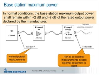 Base station maximum power
In normal conditions, the base station maximum output power
 shall remain within +2 dB and -2 dB of the rated output power
declared by the manufacturer.
                                                                                     Towards
                               External                             External    antenna connector
                                 PA                                  device            
     BS                                                               e.g.
   cabinet                                                          TX filter
                                   (if any)                          (if any)



                     Test port A                                                     Test port B



   Normal port for                                              Port to be used for
   measurements                                                measurements in case
                                                               external equipment is
                                                                       used
                           November 2012 | LTE measurements|   32
 