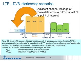 LTE – DVB interference scenarios
                                                  Adjacent channel leakage of
                                                  Basestation x into DTT channel N
                                                  is point of interest




For a BS declared to support Band 20 and to operate in geographic areas within the CEPT in
which frequencies are allocated to broadcasting (DTT) service, the manufacturer shall additionally
declare the following quantities associated with the applicable test conditions of
Table 6.6.3.5.3-4 and information in annex G of [TS 36.104] :
     PEM,N           Declared emission level for channel N
     P10MHz          Maximum output Power in 10 MHz

                              November 2012 | LTE measurements|   33
 