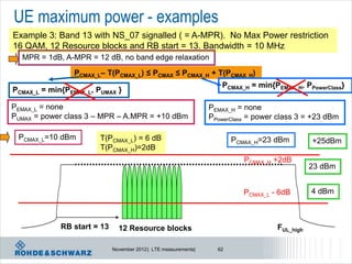 UE maximum power - examples
Example 3: Band 13 with NS_07 signalled ( = A-MPR). No Max Power restriction
16 QAM, 12 Resource blocks and RB start = 13. Bandwidth = 10 MHz
  MPR = 1dB, A-MPR = 12 dB, no band edge relaxation
                PCMAX_L– T(PCMAX_L) ≤ PCMAX ≤ PCMAX_H + T(PCMAX_H)
                                                                    PCMAX_H = min{PEMAX_H, PPowerClass}
PCMAX_L = min{PEMAX_L, PUMAX }

PEMAX_L = none                                                   PEMAX_H = none
PUMAX = power class 3 – MPR – A.MPR = +10 dBm                    PPowerClass = power class 3 = +23 dBm

 PCMAX_L=10 dBm         T(PCMAX_L) = 6 dB                               PCMAX_H=23 dBm         +25dBm
                        T(PCMAX_H)=2dB
                                                                           PCMAX_H +2dB
                                                                                               23 dBm


                                                                           PCMAX_L - 6dB       4 dBm



             RB start = 13     12 Resource blocks                                   FUL_high

                             November 2012 | LTE measurements|     62
 