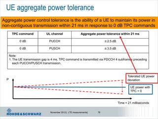 UE aggregate power tolerance
Aggregate power control tolerance is the ability of a UE to maintain its power in
non-contiguous transmission within 21 ms in response to 0 dB TPC commands
        TPC command            UL channel                   Aggregate power tolerance within 21 ms

             0 dB                PUCCH                                      ±2.5 dB

             0 dB                PUSCH                                      ±3.5 dB

      Note:
      1. The UE transmission gap is 4 ms. TPC command is transmitted via PDCCH 4 subframes preceding
         each PUCCH/PUSCH transmission.



                                                                                            Tolerated UE power
  P                                                                                         deviation

                                                                                              UE power with
                                                                                              TPC = 0


                                                                                      Time = 21 milliseconds

                                  November 2012 | LTE measurements|    78
 