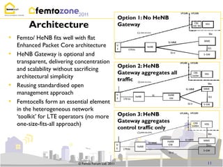 Option 1: No HeNB
        Architecture                                  Gateway

• Femto/ HeNB fits well with flat
    Enhanced Packet Core architecture
•   HeNB Gateway is optional and
    transparent, delivering concentration
                                                      Option 2: HeNB
    and scalability without sacrificing
                                                      Gateway aggregates all
    architectural simplicity                          traffic
•   Reusing standardised open
    management approach
•   Femtocells form an essential element
    in the heterogeneous network
    „toolkit‟ for LTE operators (no more              Option 3: HeNB                         VPLMN   HPLMN


                                                      Gateway aggregates
    one-size-fits-all approach)                                                                         CSG     HSS
                                                      control traffic only                            ListSrv

                                                                  C1(OMA DM /OTA)                                 S6a

                                                                                                S1-MME          MME
                                                                             S1-MME
                                                                                      HeNB
                                                      U                                GW                         S11
                                                                  HeNB
                                                      E   LTE
                                                            -Uu
                                                                                                                S-GW
                                                                                      S1-U



                            © Femto Forum Ltd. 2011                                                               11
 