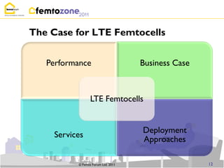 The Case for LTE Femtocells


   Performance                      Business Case



                 LTE Femtocells


                                    Deployment
    Services
                                    Approaches

          © Femto Forum Ltd. 2011                   12
 