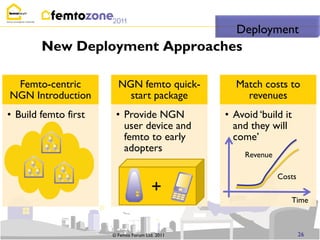 Deployment
        New Deployment Approaches

 Femto-centric          NGN femto quick-          Match costs to
NGN Introduction          start package             revenues
• Build femto first    • Provide NGN            • Avoid „build it
                         user device and          and they will
                         femto to early           come‟
                         adopters
                                                     Revenue

                                                               Costs
                                       +
                                                                  Time



                      © Femto Forum Ltd. 2011                          26
 