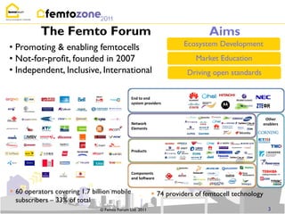 The Femto Forum                                                   Aims
• Promoting & enabling femtocells                                   Ecosystem Development
• Not-for-profit, founded in 2007                                       Market Education
• Independent, Inclusive, International                              Driving open standards


                                              End to end
                                              system providers


                                                                                                   Other
                                              Network                                             enablers
                                              Elements




                                              Products




                                              Components
                                              and So ware


 60 operators covering 1.7 billion mobile                74 providers of femtocell technology
  subscribers – 33% of total
                               © Femto Forum Ltd. 2011                                              3
 