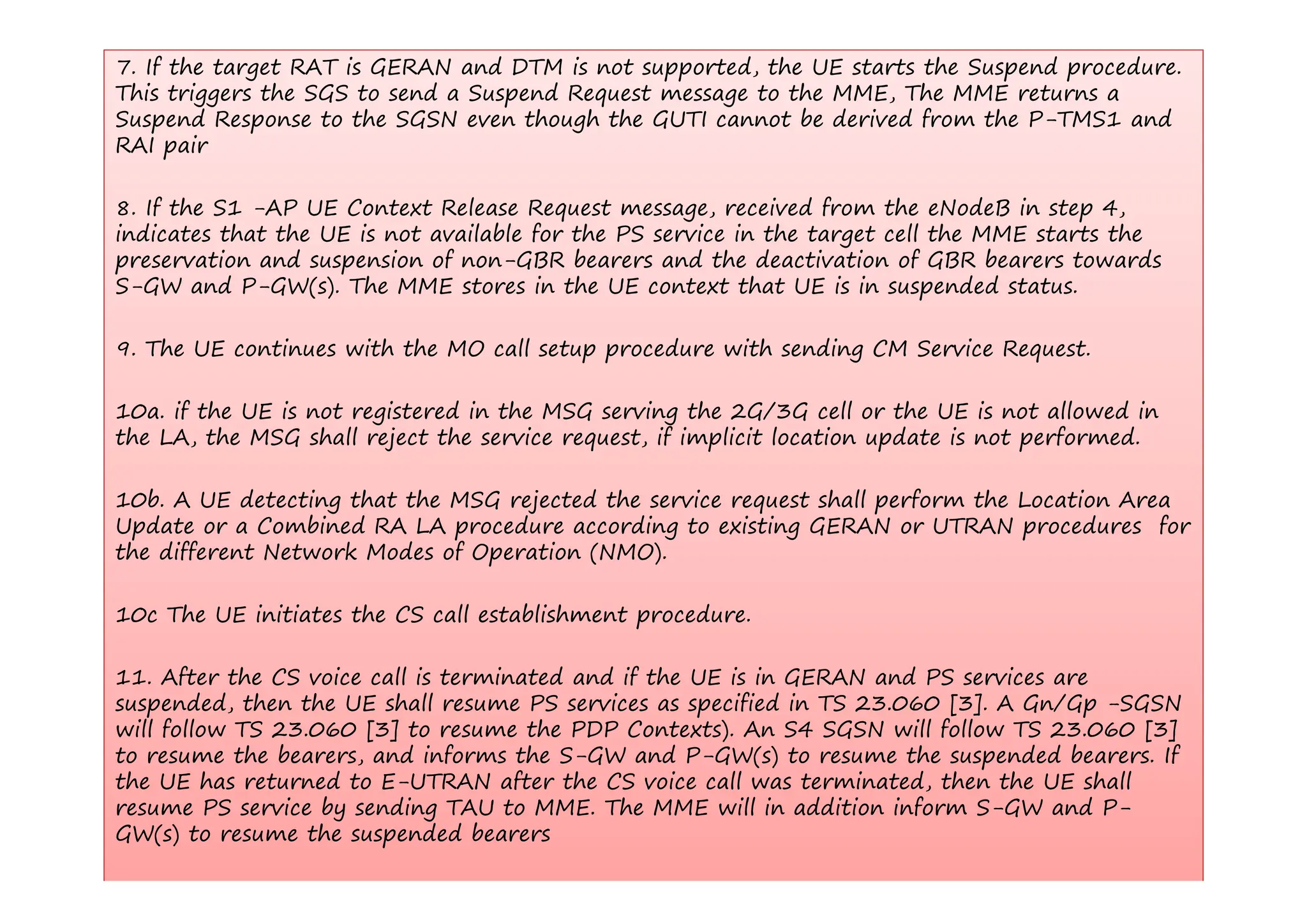 7. If the target RAT is GERAN and DTM is not supported, the UE starts the Suspend procedure.
This triggers the SGS to send a Suspend Request message to the MME, The MME returns a
Suspend Response to the SGSN even though the GUTI cannot be derived from the P-TMS1 and
RAI pair
RAI pair
8. If the S1 -AP UE Context Release Request message, received from the eNodeB in step 4,
indicates that the UE is not available for the PS service in the target cell the MME starts the
ti d i f GBR b d th d ti ti f GBR b t d
preservation and suspension of non-GBR bearers and the deactivation of GBR bearers towards
S-GW and P-GW(s). The MME stores in the UE context that UE is in suspended status.
9. The UE continues with the MO call setup procedure with sending CM Service Request.
p p g q
10a. if the UE is not registered in the MSG serving the 2G/3G cell or the UE is not allowed in
the LA, the MSG shall reject the service request, if implicit location update is not performed.
10b. A UE detecting that the MSG rejected the service request shall perform the Location Area
Update or a Combined RA LA procedure according to existing GERAN or UTRAN procedures for
the different Network Modes of Operation (NMO).
p
10c The UE initiates the CS call establishment procedure.
11 Aft th CS i ll i t i t d d if th UE i i GERAN d PS i
11. After the CS voice call is terminated and if the UE is in GERAN and PS services are
suspended, then the UE shall resume PS services as specified in TS 23.060 [3]. A Gn/Gp -SGSN
will follow TS 23.060 [3] to resume the PDP Contexts). An S4 SGSN will follow TS 23.060 [3]
to resume the bearers, and informs the S-GW and P-GW(s) to resume the suspended bearers. If
th UE h t d t E UTRAN ft th CS i ll t i t d th th UE h ll
the UE has returned to E-UTRAN after the CS voice call was terminated, then the UE shall
resume PS service by sending TAU to MME. The MME will in addition inform S-GW and P-
GW(s) to resume the suspended bearers
 