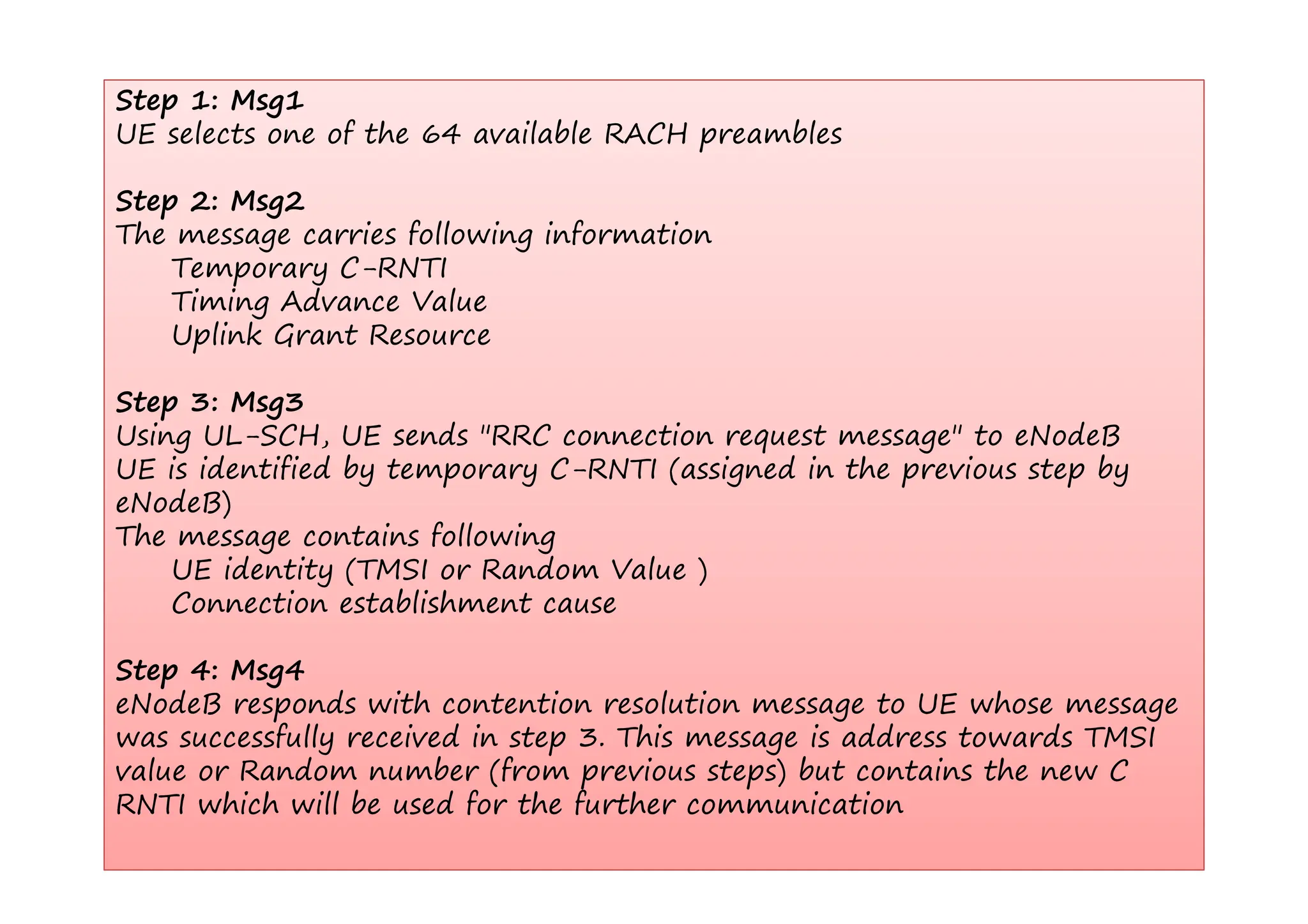 Step 1: Msg1
UE selects one of the 64 available RACH preambles
p
Step 2: Msg2
The message carries following information
g g
Temporary C-RNTI
Timing Advance Value
Uplink Grant Resource
Step 3: Msg3
Using UL-SCH, UE sends "RRC connection request message" to eNodeB
UE i id tifi d b t C RNTI ( i d i th i t b
UE is identified by temporary C-RNTI (assigned in the previous step by
eNodeB)
The message contains following
UE identity (TMSI or Random Value )
UE identity (TMSI or Random Value )
Connection establishment cause
Step 4: Msg4
Step 4: Msg4
eNodeB responds with contention resolution message to UE whose message
was successfully received in step 3. This message is address towards TMSI
value or Random number (from previous steps) but contains the new C
value or Random number (from previous steps) but contains the new C
RNTI which will be used for the further communication
 