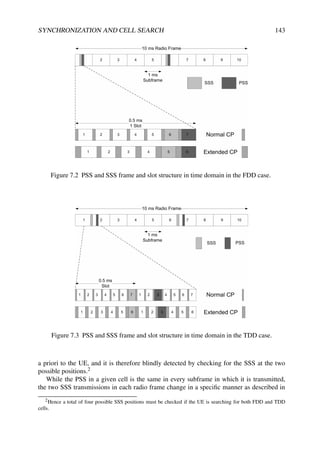 SYNCHRONIZATION AND CELL SEARCH 143
Figure 7.2 PSS and SSS frame and slot structure in time domain in the FDD case.
Figure 7.3 PSS and SSS frame and slot structure in time domain in the TDD case.
a priori to the UE, and it is therefore blindly detected by checking for the SSS at the two
possible positions.2
While the PSS in a given cell is the same in every subframe in which it is transmitted,
the two SSS transmissions in each radio frame change in a specific manner as described in
2Hence a total of four possible SSS positions must be checked if the UE is searching for both FDD and TDD
cells.
 