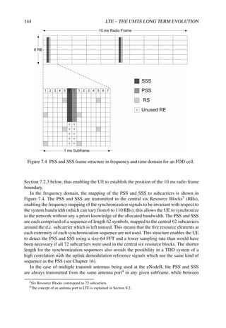 144 LTE – THE UMTS LONG TERM EVOLUTION
Figure 7.4 PSS and SSS frame structure in frequency and time domain for an FDD cell.
Section 7.2.3 below, thus enabling the UE to establish the position of the 10 ms radio frame
boundary.
In the frequency domain, the mapping of the PSS and SSS to subcarriers is shown in
Figure 7.4. The PSS and SSS are transmitted in the central six Resource Blocks3 (RBs),
enabling the frequency mapping of the synchronization signals to be invariant with respect to
the system bandwidth (which can vary from 6 to 110 RBs); this allows the UE to synchronize
to the network without any a priori knowledge of the allocated bandwidth. The PSS and SSS
are each comprised of a sequence of length 62 symbols, mapped to the central 62 subcarriers
around the d.c. subcarrier which is left unused. This means that the five resource elements at
each extremity of each synchronization sequence are not used. This structure enables the UE
to detect the PSS and SSS using a size-64 FFT and a lower sampling rate than would have
been necessary if all 72 subcarriers were used in the central six resource blocks. The shorter
length for the synchronization sequences also avoids the possibility in a TDD system of a
high correlation with the uplink demodulation reference signals which use the same kind of
sequence as the PSS (see Chapter 16).
In the case of multiple transmit antennas being used at the eNodeB, the PSS and SSS
are always transmitted from the same antenna port4 in any given subframe, while between
3Six Resource Blocks correspond to 72 subcarriers.
4The concept of an antenna port in LTE is explained in Section 8.2.
 