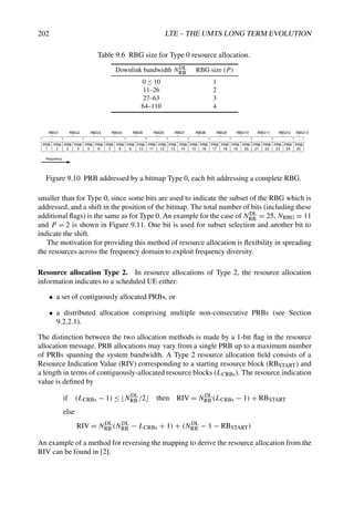 202 LTE – THE UMTS LONG TERM EVOLUTION
Table 9.6 RBG size for Type 0 resource allocation.
Downlink bandwidth NDL
RB RBG size (P)
0 ≤ 10 1
11–26 2
27–63 3
64–110 4
PRB
1
PRB
2
PRB
3
RBG1
PRB
4
PRB
5
PRB
6
PRB
7
PRB
8
PRB
9
PRB
10
PRB
11
PRB
12
PRB
13
PRB
14
PRB
15
PRB
16
PRB
17
PRB
18
PRB
19
PRB
20
PRB
21
PRB
22
PRB
23
PRB
24
PRB
25
RBG2 RBG3 RBG4 RBG5 RBG6 RBG7 RBG8 RBG9 RBG10 RBG11 RBG12 RBG13
frequency
Figure 9.10 PRB addressed by a bitmap Type 0, each bit addressing a complete RBG.
smaller than for Type 0, since some bits are used to indicate the subset of the RBG which is
addressed, and a shift in the position of the bitmap. The total number of bits (including these
additional flags) is the same as for Type 0. An example for the case of NDL
RB = 25, NRBG = 11
and P = 2 is shown in Figure 9.11. One bit is used for subset selection and another bit to
indicate the shift.
The motivation for providing this method of resource allocation is flexibility in spreading
the resources across the frequency domain to exploit frequency diversity.
Resource allocation Type 2. In resource allocations of Type 2, the resource allocation
information indicates to a scheduled UE either:
• a set of contiguously allocated PRBs, or
• a distributed allocation comprising multiple non-consecutive PRBs (see Section
9.2.2.1).
The distinction between the two allocation methods is made by a 1-bit flag in the resource
allocation message. PRB allocations may vary from a single PRB up to a maximum number
of PRBs spanning the system bandwidth. A Type 2 resource allocation field consists of a
Resource Indication Value (RIV) corresponding to a starting resource block (RBSTART) and
a length in terms of contiguously-allocated resource blocks (LCRBs). The resource indication
value is defined by
if (LCRBs − 1) ≤ NDL
RB /2 then RIV = NDL
RB (LCRBs − 1) + RBSTART
else
RIV = NDL
RB (NDL
RB − LCRBs + 1) + (NDL
RB − 1 − RBSTART)
An example of a method for reversing the mapping to derive the resource allocation from the
RIV can be found in [2].
 