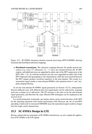 UPLINK PHYSICAL LAYER DESIGN 349
f0
f1
fM- 1
f0
f1
fM- 1
Subcarrier
Mapping
N-point
IFFT
Add cyclic
prefix
Parallel to
Serial
converter
M-point
DFT
Spreading
f0
f1
fM- 1
f0
f1
fM- 2
Localized
Subcarrier
Mapping
0
0
0
0
0
0
0
0
0
0
f2
f3
fM- 4
f
fM-1
f
fM- 3
f
Localized
0 1 2 3 4
Frequency Frequency
f0
f1
fM-
f0
f1
fM-
Distributed
Subcarrier
Mapping
f2
f
f3
f
fM-
f
fM-
f
fM-
f
0
0
0
0
0
0
0
0
0
0
0
0
0
0
0
0
Distributed
1
2
3
4
Serial to
Parallel
Converter
Incoming Bit
Stream
m bits
Bit to
Constellation
Mapping
Bit to
Constellation
Mapping
Bit to
Constellation
Mapping
m bits
m bits
x(0,n)
x(1,n)
x(M - 1,n)
Serial to
Parallel
Converter
Bit to
Constellation
Mapping
Bit to
Constellation
Mapping
-
Transmission
circuitry
Figure 15.3 SC-FDMA frequency-domain transmit processing (DFT-S-OFDM) showing
localized and distributed subcarrier mappings.
• Distributed transmission. The subcarrier mapping allocates M equally-spaced sub-
carriers (e.g. every Lth subcarrier). (L − 1) zeros are inserted between the M DFT
outputs, and additional zeros are appended to either side of the DFT output prior to the
IFFT (ML  N). As with the localized case, the zeros appended on either side of the
DFT output provide upsampling or sinc interpolation, while the zeros inserted between
the DFT outputs produce waveform repetition in the time domain. This results in a
transmitted signal similar to time-domain IFDMA with repetition factor L and ‘sinc’
pulse-shaping filtering.
As for the time-domain SC-FDMA signal generation (in Section 15.2.2), orthogonality
between different users with different data rate requirements can be achieved by assigning
each user a unique set of subcarriers. The CP structure is the same as for the time-domain
signal generation, and therefore the same efficient FDE techniques can be employed at the
receiver [5,6].
It is worth noting that, in principle, any unitary matrix can be used in the place of the DFT
for the spreading operation with similar performance [10]. However, the use of non-DFT
spreading would result in increased CM/PAPR since the transmitted signal would no longer
have the single carrier characteristic.
15.3 SC-FDMA Design in LTE
Having outlined the key principles of SC-FDMA transmission, we now explain the applica-
tion of SC-FDMA to the LTE uplink.
 