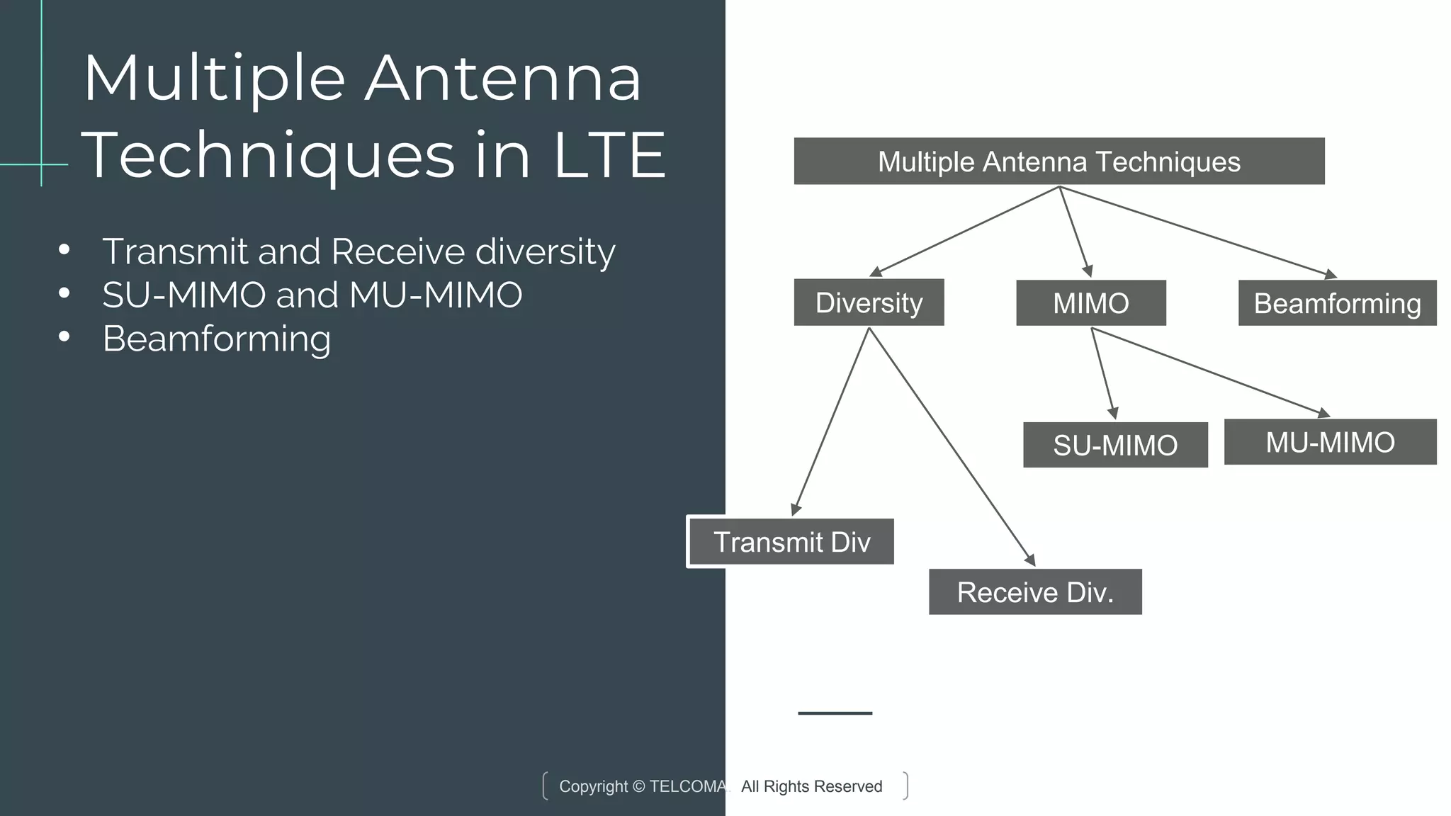 Copyright © TELCOMA. All Rights Reserved
Multiple Antenna
Techniques in LTE
• Transmit and Receive diversity
• SU-MIMO and MU-MIMO
• Beamforming
Multiple Antenna Techniques
Diversity MIMO Beamforming
Receive Div.
Transmit Div
SU-MIMO MU-MIMO
 