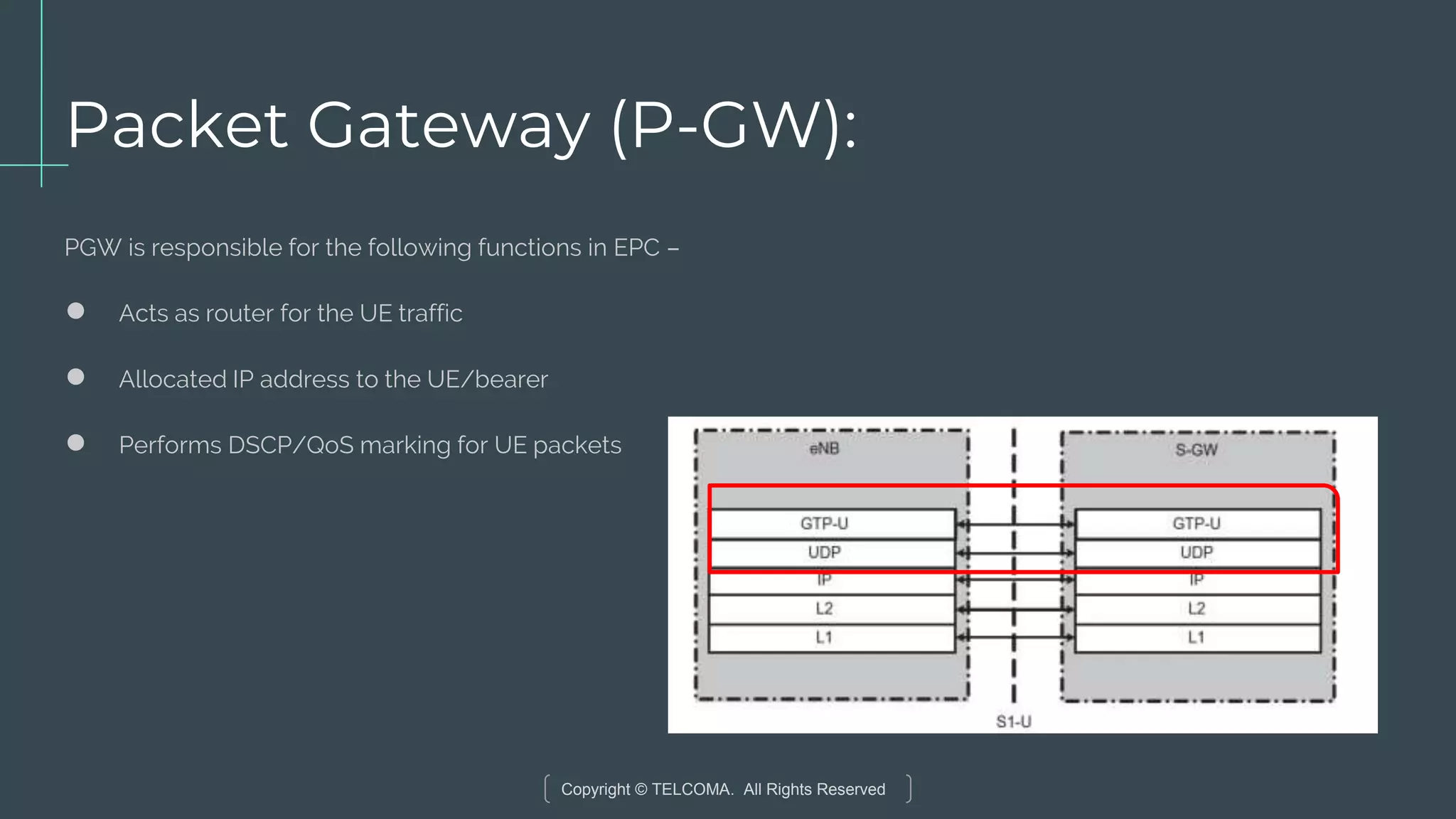 Copyright © TELCOMA. All Rights Reserved
Packet Gateway (P-GW):
PGW is responsible for the following functions in EPC –
● Acts as router for the UE traffic
● Allocated IP address to the UE/bearer
● Performs DSCP/QoS marking for UE packets
 