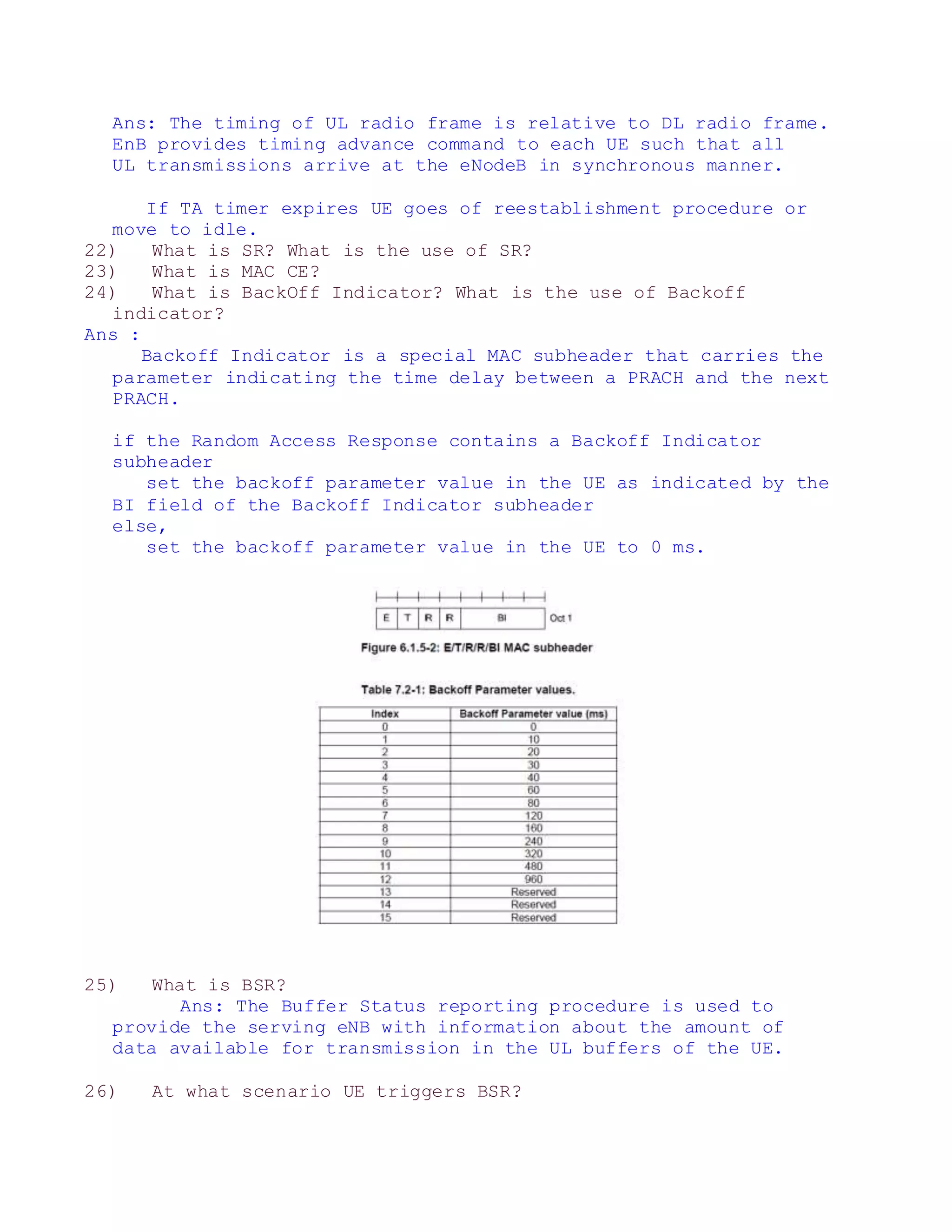 Ans: The timing of UL radio frame is relative to DL radio frame.
EnB provides timing advance command to each UE such that all
UL transmissions arrive at the eNodeB in synchronous manner.
If TA timer expires UE goes of reestablishment procedure or
move to idle.
22) What is SR? What is the use of SR?
23) What is MAC CE?
24) What is BackOff Indicator? What is the use of Backoff
indicator?
Ans :
Backoff Indicator is a special MAC subheader that carries the
parameter indicating the time delay between a PRACH and the next
PRACH.
if the Random Access Response contains a Backoff Indicator
subheader
set the backoff parameter value in the UE as indicated by the
BI field of the Backoff Indicator subheader
else,
set the backoff parameter value in the UE to 0 ms.
25) What is BSR?
Ans: The Buffer Status reporting procedure is used to
provide the serving eNB with information about the amount of
data available for transmission in the UL buffers of the UE.
26) At what scenario UE triggers BSR?
 