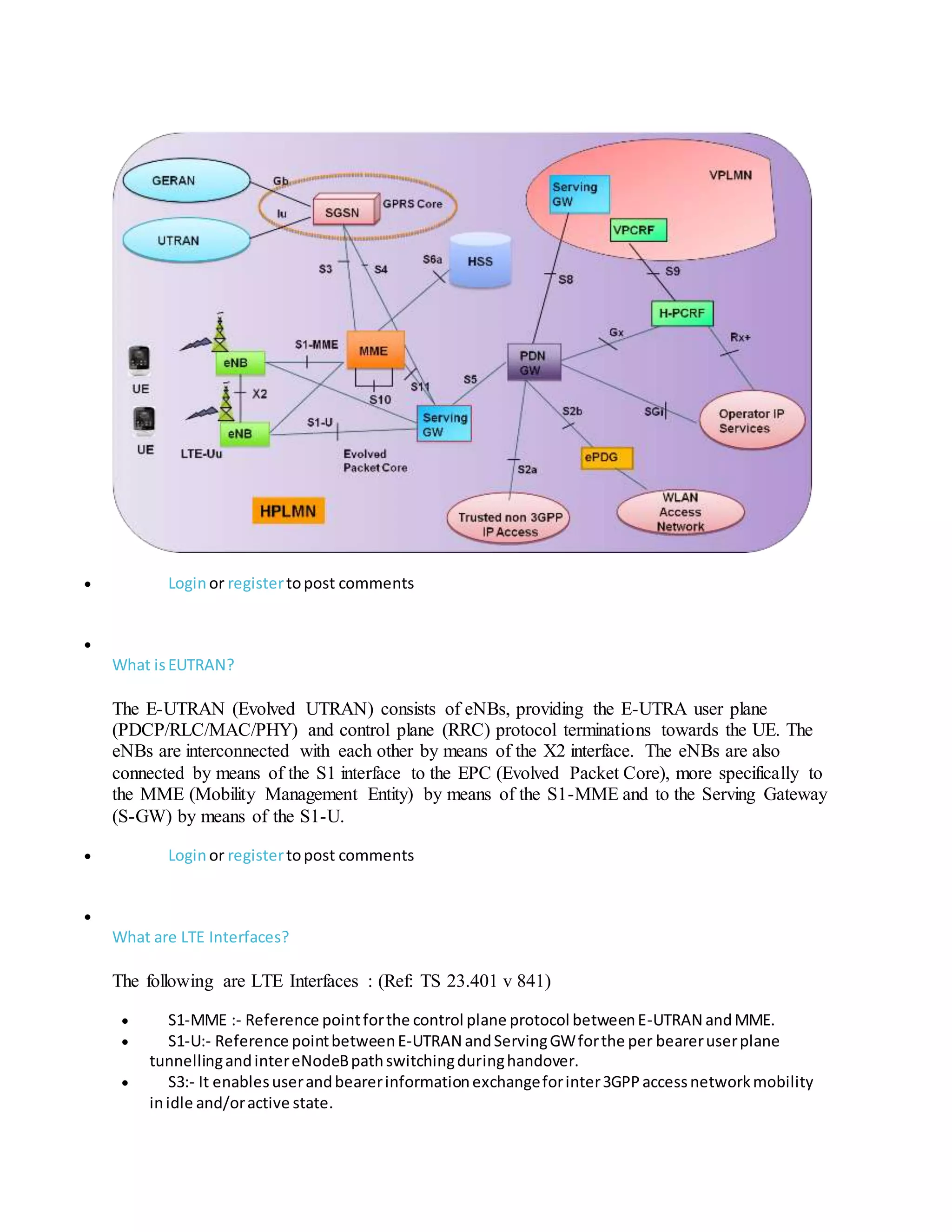  Loginor registertopost comments

What isEUTRAN?
The E-UTRAN (Evolved UTRAN) consists of eNBs, providing the E-UTRA user plane
(PDCP/RLC/MAC/PHY) and control plane (RRC) protocol terminations towards the UE. The
eNBs are interconnected with each other by means of the X2 interface. The eNBs are also
connected by means of the S1 interface to the EPC (Evolved Packet Core), more specifically to
the MME (Mobility Management Entity) by means of the S1-MME and to the Serving Gateway
(S-GW) by means of the S1-U.
 Loginor registertopost comments

What are LTE Interfaces?
The following are LTE Interfaces : (Ref: TS 23.401 v 841)
 S1-MME :- Reference pointforthe control plane protocol betweenE-UTRAN andMME.
 S1-U:- Reference pointbetweenE-UTRAN andServingGWforthe per beareruserplane
tunnellingandintereNodeBpathswitchingduringhandover.
 S3:- It enablesuserandbearerinformationexchangeforinter3GPPaccessnetworkmobility
inidle and/oractive state.
 