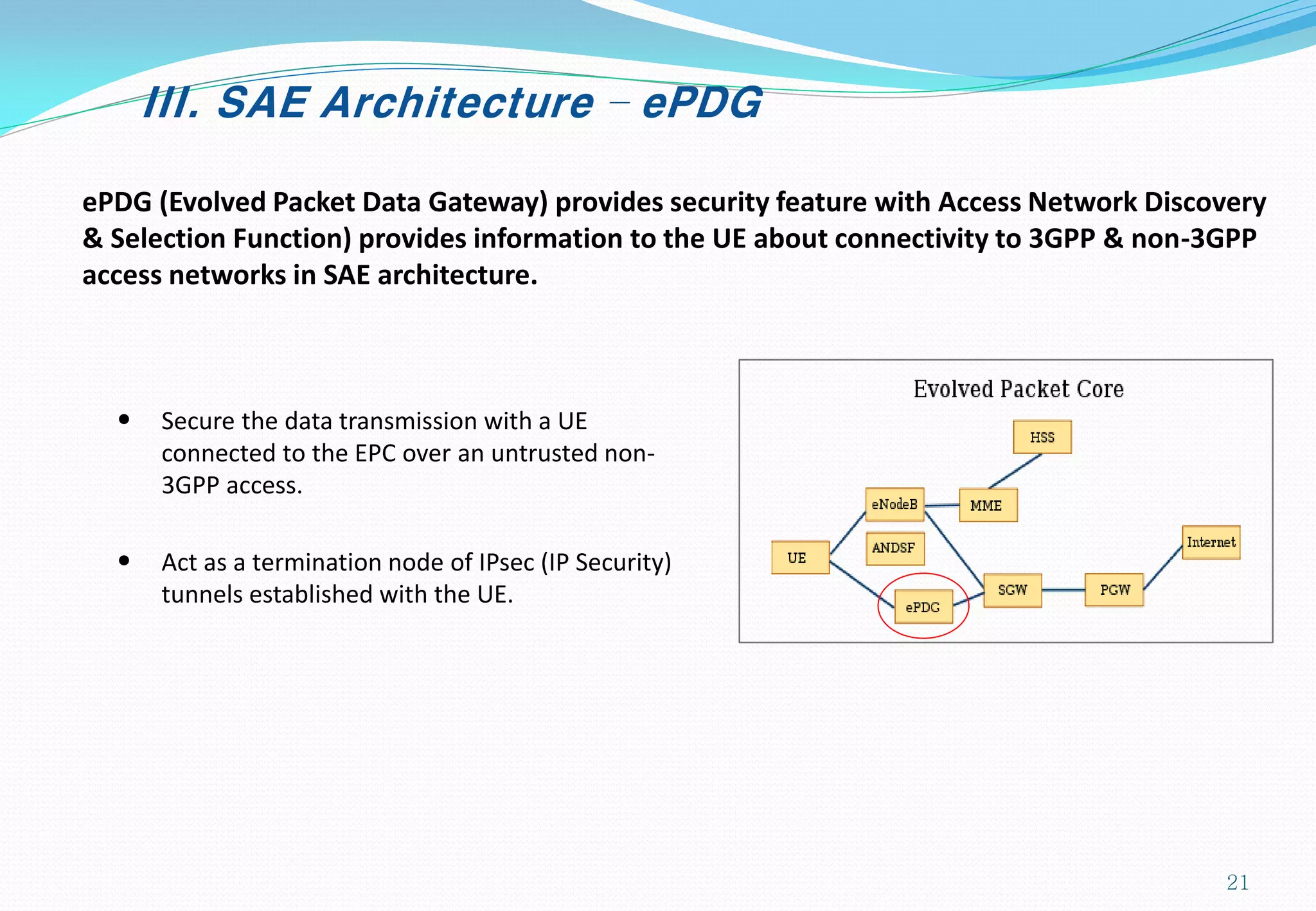 III. SAE Architecture – ePDG
ePDG (Evolved Packet Data Gateway) provides security feature with Access Network Discovery
& Selection Function) provides information to the UE about connectivity to 3GPP & non-3GPP
access networks in SAE architecture.
• Secure the data transmission with a UE
connected to the EPC over an untrusted non-
3GPP access.
• Act as a termination node of IPsec (IP Security)
tunnels established with the UE.
21
 