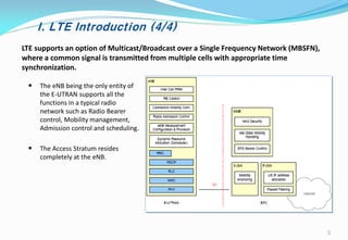 I. LTE Introduction (4/4)
LTE supports an option of Multicast/Broadcast over a Single Frequency Network (MBSFN),
where a common signal is transmitted from multiple cells with appropriate time
synchronization.
• The eNB being the only entity of
the E-UTRAN supports all the
functions in a typical radio
network such as Radio Bearer
control, Mobility management,
Admission control and scheduling.
• The Access Stratum resides
completely at the eNB.
5
 