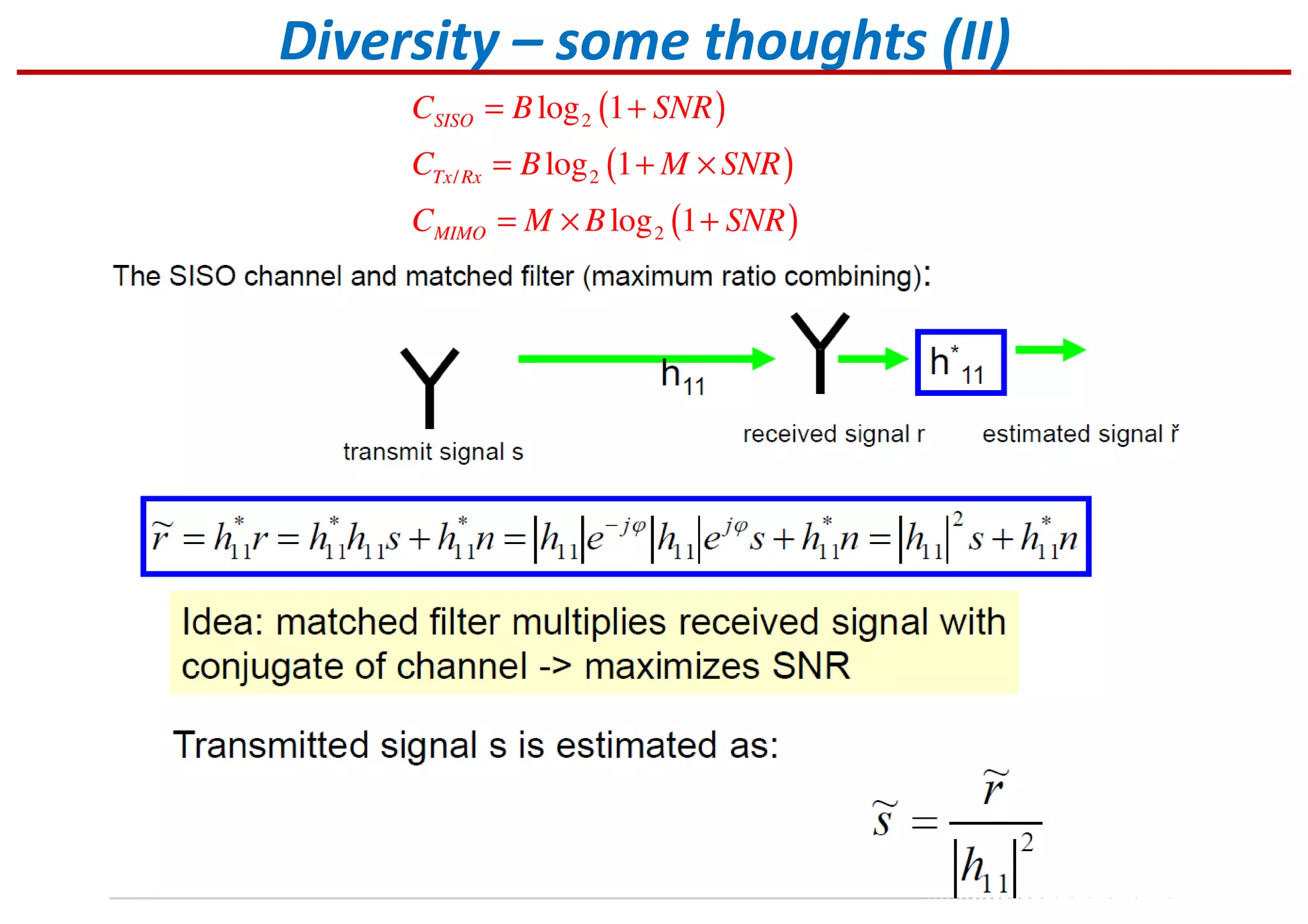Diversity – some thoughts (II)
( )
( )
( )
2
/ 2
2
log 1
log 1
log 1
SISO
Tx Rx
MIMO
C B SNR
C B M SNR
C M B SNR
= +
= + ×
= × +
 