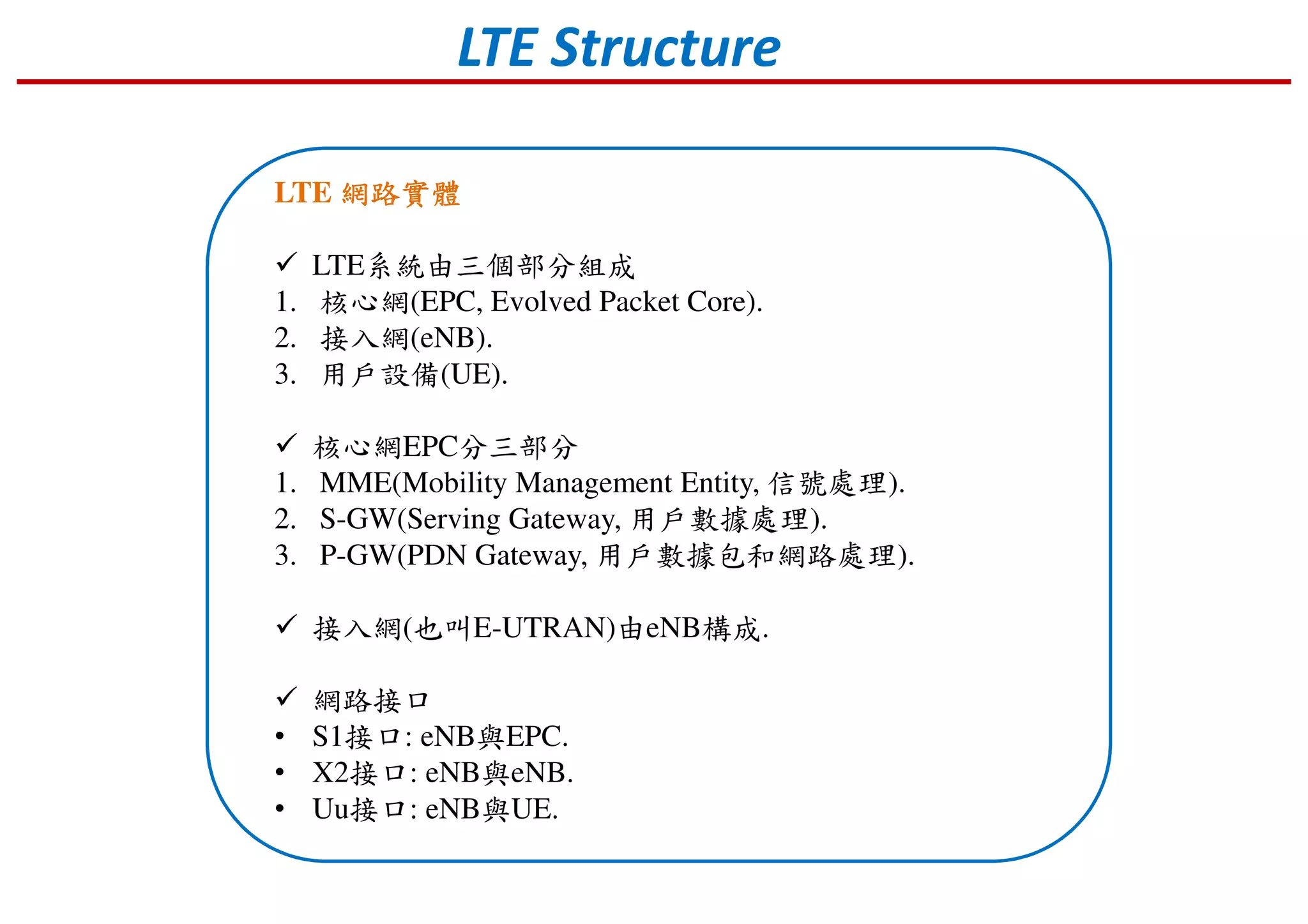LTE 網路實體網路實體網路實體網路實體
LTE系統由三個部分組成
1. 核心網(EPC, Evolved Packet Core).
2. 接入網(eNB).
3. 用戶設備(UE).
核心網EPC分三部分
1. MME(Mobility Management Entity, 信號處理).
2. S-GW(Serving Gateway, 用戶數據處理).
3. P-GW(PDN Gateway, 用戶數據包和網路處理).
接入網(也叫E-UTRAN)由eNB構成.
網路接口
• S1接口: eNB與EPC.
• X2接口: eNB與eNB.
• Uu接口: eNB與UE.
LTE Structure
 