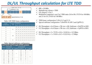 DL/UL Throughput calculation for LTE TDD
Table. LTE TDD frame configuration.
Table. Special subframe configuration.
BW = 20 MHz
Multiplexing scheme = TDD
UE category = Cat 3
Modulation supported = per Cat 3 TBS index 26 for DL (75376 for 100 RBs)
and 21 for UL (51024 for 100 RBs)
TDD frame configuration 2 (D-6, S-2 and U-2)
Special subframe configuration 7 (DwPTS-10, GP-2 and UpPTS-2)
DL Throughput = # of Chains x TB size x (DL Subframe + DwPTS in SSF)
UL Throughput = # of Chains x TB size x (UL Subframe + UpPTS in SSF)
DL Throughput = 2 x 75376 x (0.6 + 2(10/14)) = 112 Mbps.
UL Throughput = 1 x 51024 x (0.2 + 0.2(2/14)) = 12 Mbps.
 