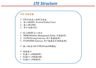 LTE 網路實體網路實體網路實體網路實體
LTE系統由三個部分組成
1. 核心網(EPC, Evolved Packet Core).
2. 接入網(eNB).
3. 用戶設備(UE).
核心網EPC分三部分
1. MME(Mobility Management Entity, 信號處理).
2. S-GW(Serving Gateway, 用戶數據處理).
3. P-GW(PDN Gateway, 用戶數據包和網路處理).
接入網(也叫E-UTRAN)由eNB構成.
網路接口
• S1接口: eNB與EPC.
• X2接口: eNB與eNB.
• Uu接口: eNB與UE.
LTE Structure
 