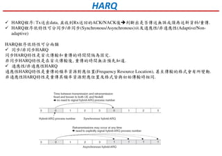 HARQ
HARQ程序: Tx送出data, 並收到Rx送回的ACK/NACK後 判斷出是否傳送無誤或須再送新資料/重傳.
HARQ程序依特性可分同步/非同步(Synchronous/Asynchronous)以及適應性/非適應性(Adaptive/Non-
adaptive)
HARQ程序依特性可分兩類
同步/非同步HARQ
同步HARQ特性是首次傳輸和重傳的時間間隔為固定.
非同步HARQ特性是在首次傳輸後, 重傳的時間無法預先知道.
適應性/非適應性HARQ
適應性HARQ特性是重傳的頻率資源對應位置(Frequency Resource Location), 甚至傳輸的格式會有所變動.
非適應性HARQ特性是重傳其頻率資源對應位置及格式皆與初始傳輸時相同.
 