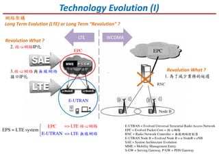 Technology Evolution (I)
網路架構網路架構網路架構網路架構
Long Term Evolution (LTE) or Long Term “Revolution” ?
EPC
E-UTRAN = Evolved Universal Terrestrial Radio Access Network
EPC = Evolved Packet Core = 核心網路
RNC = Radio Network Controller = 無線網絡控制器
E-UTRAN Node B = Evolved Node B = e-NodeB = eNB
SAE = System Architecture Evolution
MME = Mobility Management Entity
S-GW = Serving Gateway, P-GW = PDN Gateway.
WCDMALTE
EPS = LTE syste
E-UTRA
E
m
PC
N



=> LTE 核心網路
=> LTE 無線網絡
Revolution What ?
EPC
E-UTRAN
1. 為了減少業務的延遲
Revolution What ?
2. 核心網路IP化
3.核心網路與無線網絡
接口IP化
 