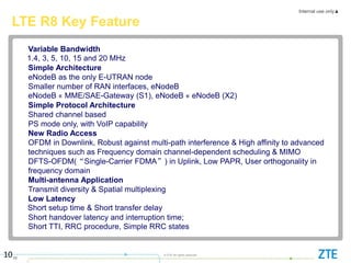 Internal use only▲
10
© ZTE All rights reserved
10
LTE R8 Key Feature
Variable Bandwidth
1.4, 3, 5, 10, 15 and 20 MHz
Simple Architecture
eNodeB as the only E-UTRAN node
Smaller number of RAN interfaces, eNodeB
eNodeB « MME/SAE-Gateway (S1), eNodeB « eNodeB (X2)
Simple Protocol Architecture
Shared channel based
PS mode only, with VoIP capability
New Radio Access
OFDM in Downlink, Robust against multi-path interference & High affinity to advanced
techniques such as Frequency domain channel-dependent scheduling & MIMO
DFTS-OFDM(“Single-Carrier FDMA”) in Uplink, Low PAPR, User orthogonality in
frequency domain
Multi-antenna Application
Transmit diversity & Spatial multiplexing
Low Latency
Short setup time & Short transfer delay
Short handover latency and interruption time;
Short TTI, RRC procedure, Simple RRC states
 