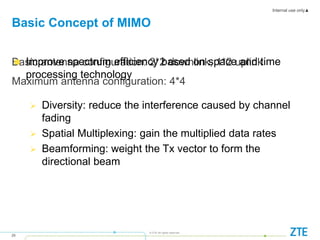 Internal use only▲
25
© ZTE All rights reserved
Basic antenna configuration: 2*2 downlink, 1*2 uplink
Maximum antenna configuration: 4*4
Basic Concept of MIMO
 Improve spectrum efficiency based on space and time
processing technology
 Diversity: reduce the interference caused by channel
fading
 Spatial Multiplexing: gain the multiplied data rates
 Beamforming: weight the Tx vector to form the
directional beam
 