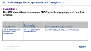 15/04/2015
51 © Nokia 2014
Commercially Confidential
AVG UL PDCP CELL THP=
average PDCP cell
throughput UL
100 * sum ([M8012C19]) /
sum ([M8012C89])
8*sum(PDCP_SDU_VOL_UL)/sum(ACTIVE_TTI_UL)
Description :
This KPI shows the active average PDCP layer throughput per cell in uplink
direction
Logical formula
Summarization
formula (PI ID) Summarization formula (Abbreviation)
E-UTRAN average PDCP Layer Active Cell Throughput UL
 