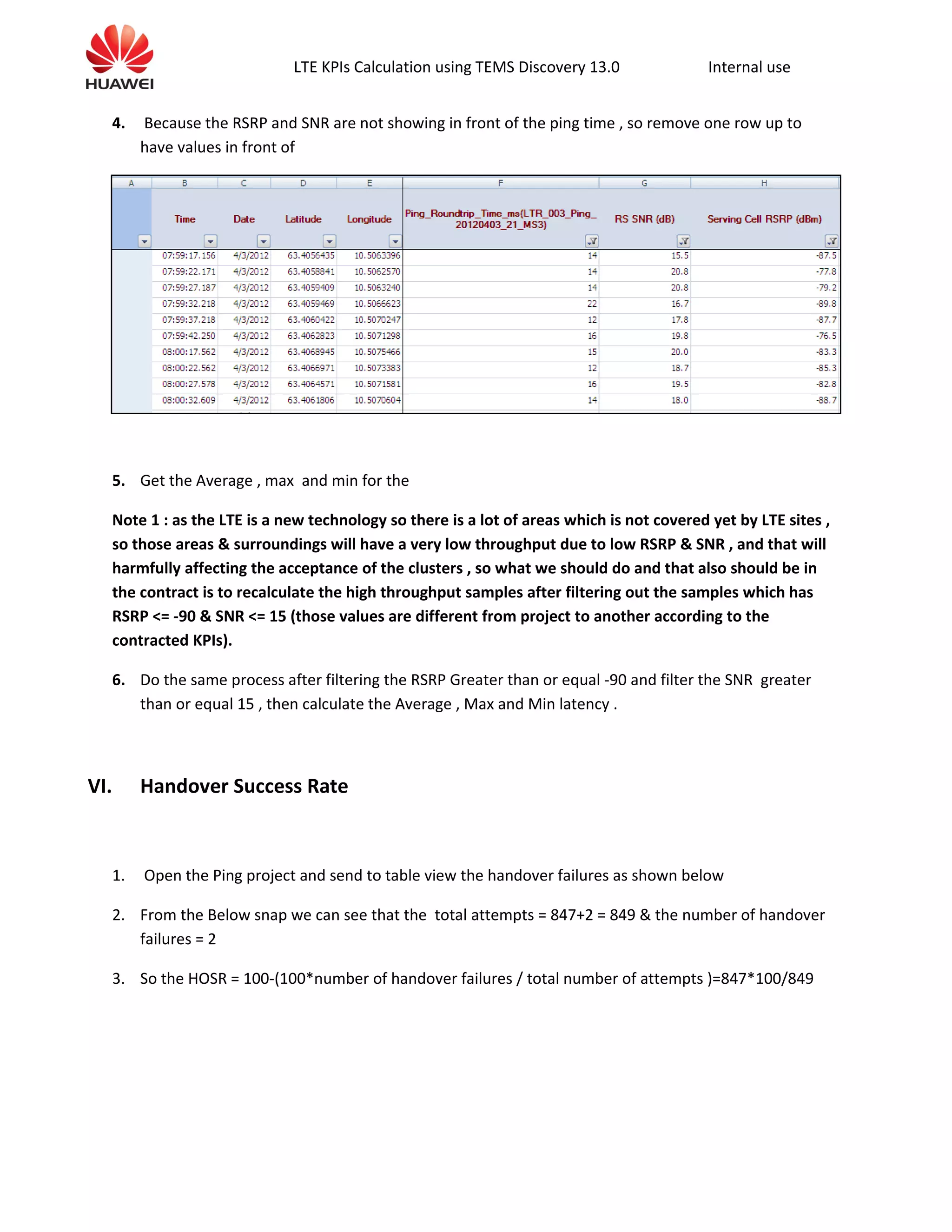 LTE KPIs Calculation using TEMS Discovery 13.0 Internal use
4. Because the RSRP and SNR are not showing in front of the ping time , so remove one row up to
have values in front of
5. Get the Average , max and min for the
Note 1 : as the LTE is a new technology so there is a lot of areas which is not covered yet by LTE sites ,
so those areas & surroundings will have a very low throughput due to low RSRP & SNR , and that will
harmfully affecting the acceptance of the clusters , so what we should do and that also should be in
the contract is to recalculate the high throughput samples after filtering out the samples which has
RSRP <= -90 & SNR <= 15 (those values are different from project to another according to the
contracted KPIs).
6. Do the same process after filtering the RSRP Greater than or equal -90 and filter the SNR greater
than or equal 15 , then calculate the Average , Max and Min latency .
VI. Handover Success Rate
1. Open the Ping project and send to table view the handover failures as shown below
2. From the Below snap we can see that the total attempts = 847+2 = 849 & the number of handover
failures = 2
3. So the HOSR = 100-(100*number of handover failures / total number of attempts )=847*100/849
 