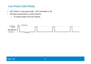 Low Power (Idle Mode) 
• UE’s radio is in low-power state. UE’s transmitter is off. 
• UE listens periodically to control channel. 
UE’s Receiver 
Ir Ifrafann AAlil i 
17 17 
• To receive pages from the network. 
ON Duration 
DRX Cycle 
UE Montiors 
PDCCH 
DRX Sleep 
 