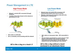 • Network controls UE’s movement through 
handover. 
• Location of the UE is known to the network at 
granularity of a cell. 
Ir Ifrafann AAlil i 
• Network does not control UE’s movement. UE 
• Network only knows the location of the UE to the 
3 3 
Power Management in LTE 
High Power Mode 
Connected Mode 
Low Power Mode 
Idle Mode 
Mobility 
• UE’s radio is in ON state. 
• UE is constantly communicating with the network. 
autonomously selects new cell as it moves. 
granularity of a tracking-area. 
Tracking Area 1 Tracking Area 2 
Mobility 
• UE’s radio is in low-power state. UE’s transmitter is 
off. 
• UE only listens periodically to control channel. If UE 
enters a new location area, based on hearing 
information from base-station, the UE informs the 
network of the new tracking area it has entered. 
UE is like a dog on a leash J 
UE is like a dog without a leash 
enclosed in an electronic fence 
 