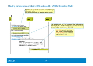 Routing parameters provided by UE and used by eNB for Selecting MME 
S-TMSI is only provided by upper layer if the cell belongs to 
UE’s registered TA. 
If S-TMSI is not provided UE generates random number 
UE eNB MME 
Ir Ifrafann AAlil i 
31 31 
RRC Connection Setup Complete ( 
selectedPLMN-Identity, 
registeredMME: plmn-Identity, mmegi, mmec 
dedicatedInfoNAS ) 
Select MME: 
Service request/periodic TAU: based on S-TMSI 
Attach w GUTI or TAU in new TA: MME ID+PLMN 
Attach w/o GUTI: selected PLMN-ID 
S1-MME for UE 
RRC Connection Request ( 
UE Identity: S-TMSI or rand,..) 
Signaling channel- SRB0 
RRC Connection Setup 
Signaling channel- SRB1 
The “registered MME” ID is not provided by upper layer if the cell 
is in a TA the UE is already registered to, i.e in service request or 
periodic TA. [Ref: Section 5.3.1.1 TS24.301] 
Attach request 
MME Code: uniquely identifies an 
MME in case of over-lapping pools. 
Selected PLMN is used for MOCN 
to get to the right MME. 
 