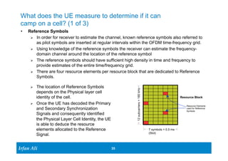 What does the UE measure to determine if it can 
camp on a cell? (1 of 3) 
• Reference Symbols 
Ø In order for receiver to estimate the channel, known reference symbols also referred to 
as pilot symbols are inserted at regular intervals within the OFDM time-frequency grid. 
Ø Using knowledge of the reference symbols the receiver can estimate the frequency-domain 
Ø The reference symbols should have sufficient high density in time and frequency to 
provide estimates of the entire time/frequency grid. 
Ø There are four resource elements per resource block that are dedicated to Reference 
Ir Ifrafann AAlil i 
channel around the location of the reference symbol 
35 35 
Symbols. 
Ø The location of Reference Symbols 
depends on the Physical layer cell 
identity of the cell. 
Ø Once the UE has decoded the Primary 
and Secondary Synchronization 
Signals and consequently identified 
the Physical Layer Cell Identity, the UE 
is able to deduce the resource 
elements allocated to the Reference 
Signal. 
7 symbols = 0.5 ms 
(Slot) 
12 subcarriers = 180 kHz 
Resource Block 
Resource Elements 
used for Reference 
Symbols 
 