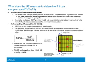 What does the UE measure to determine if it can 
camp on a cell? (2 of 3) 
• Reference Signal Received Power (RSRP) 
Ø The RSRP is the average power (in watts) received from a single Reference Signal resource element 
Ir Ifrafann AAlil i 
• The power measurement is based upon the energy received during the useful part of the OFDMA symbol and 
36 36 
excludes the energy of the cyclic prefix. 
Ø Knowledge of absolute RSRP provides the UE with essential information about the strength of cells 
from which path loss can be calculated for power-control calculations. 
• Reference Signal Received Quality (RSRQ) 
Ø RSRP on its own it gives no indication of signal quality. 
Ø The Received Signal Strength Indicator RSSI parameter represents the entire received power 
including the wanted power from the serving cell as well as all co-channel power and other sources of 
noise. 
Ø where N is the number of Resource 
blocks over which the RSSI is 
measured 
Ø RSRQ is always less than 1 (< 0 dB, 
actually < -3dB) 
7 symbols = 0.5 ms 
(Slot) 
12 subcarriers = 180 kHz 
Resource Block 
Resource Elements 
used for Reference 
Signals 
RSRP= Energy in one 
Reference Signal 
Resource Element 
RSSI = Total energy in 
OFDMA symbol containing 
Reference Signal RE 
OFDMA Symbol 
RSRQ = 
RSRP 
RSSI / N 
 