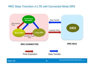 RRC State Transition in LTE with Connected Mode DRX 
Ir Ifrafann AAlil i 
Data Transfer 
40 40 
DRX 
Continuous 
Reception 
Short DRX 
Long DRX 
Inactivity Timer 
RRC-CONNECTED 
RRC-IDLE 
DRX Inactivity 
Timer 
DRX Short Cycle 
Timer 
Timer Expiration 
Data Transfer 
Source: A Close Examination of Performance and Power 
Characteristics of 4G LTE Networks, Junxian Huang, et al, 2012 
 
