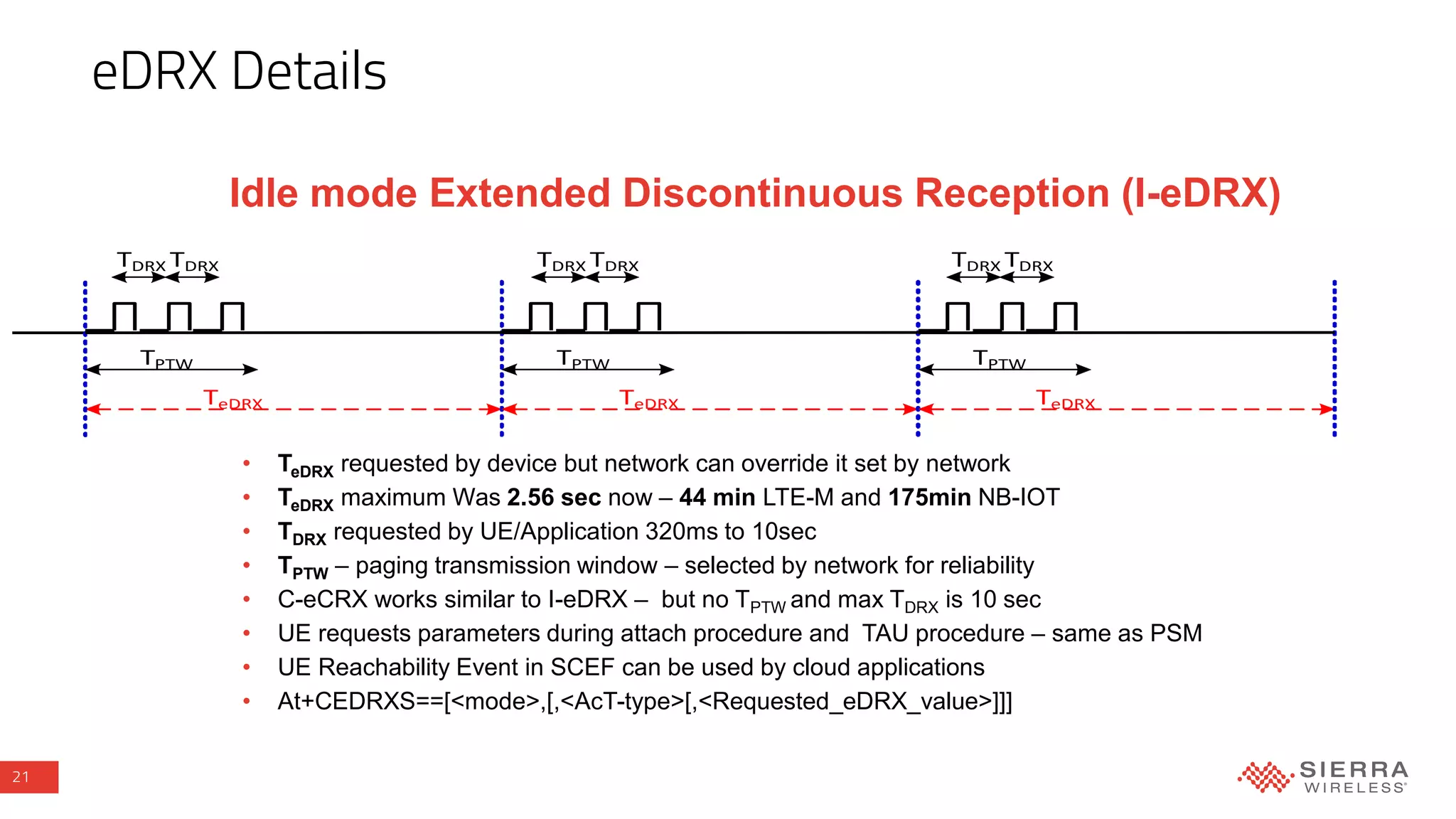 21
eDRX Details
• TeDRX requested by device but network can override it set by network
• TeDRX maximum Was 2.56 sec now – 44 min LTE-M and 175min NB-IOT
• TDRX requested by UE/Application 320ms to 10sec
• TPTW – paging transmission window – selected by network for reliability
• C-eCRX works similar to I-eDRX – but no TPTW and max TDRX is 10 sec
• UE requests parameters during attach procedure and TAU procedure – same as PSM
• UE Reachability Event in SCEF can be used by cloud applications
• At+CEDRXS==[<mode>,[,<AcT-type>[,<Requested_eDRX_value>]]]
TeDRX
TPTW
TDRX TDRX
TeDRX
TPTW
TeDRX
TPTW
TDRX TDRX TDRX TDRX
Idle mode Extended Discontinuous Reception (I-eDRX)
 