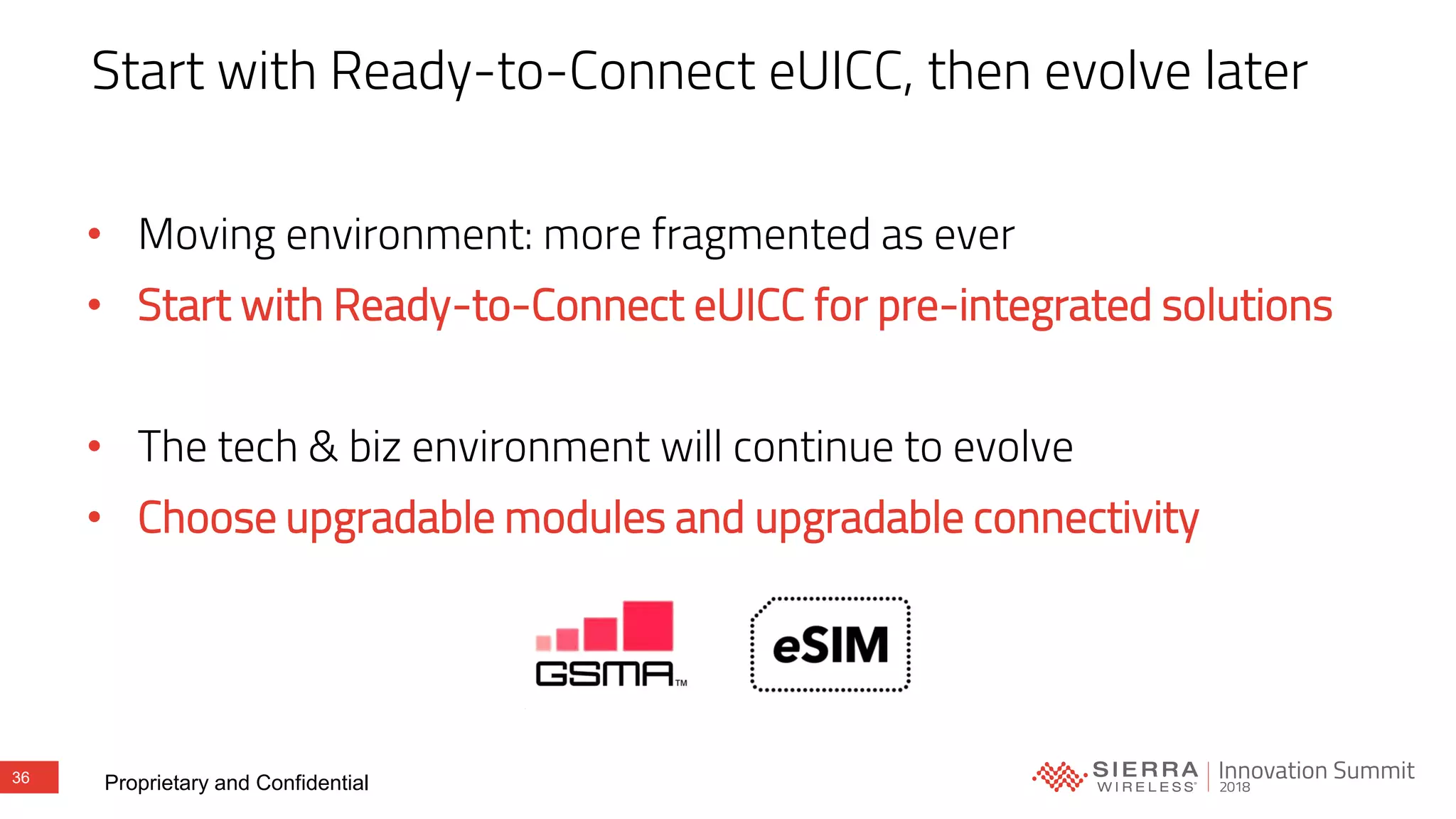 36 Proprietary and Confidential
Start with Ready-to-Connect eUICC, then evolve later
• Moving environment: more fragmented as ever
• Start with Ready-to-Connect eUICC for pre-integrated solutions
• The tech & biz environment will continue to evolve
• Choose upgradable modules and upgradable connectivity
 