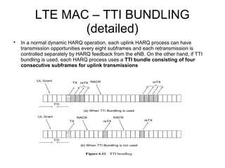 LTE MAC – TTI BUNDLING
(detailed)

In a normal dynamic HARQ operation, each uplink HARQ process can have
transmission opportunities every eight subframes and each retransmission is
controlled separately by HARQ feedback from the eNB. On the other hand, if TTI
bundling is used, each HARQ process uses a TTI bundle consisting of four
consecutive subframes for uplink transmissions
 