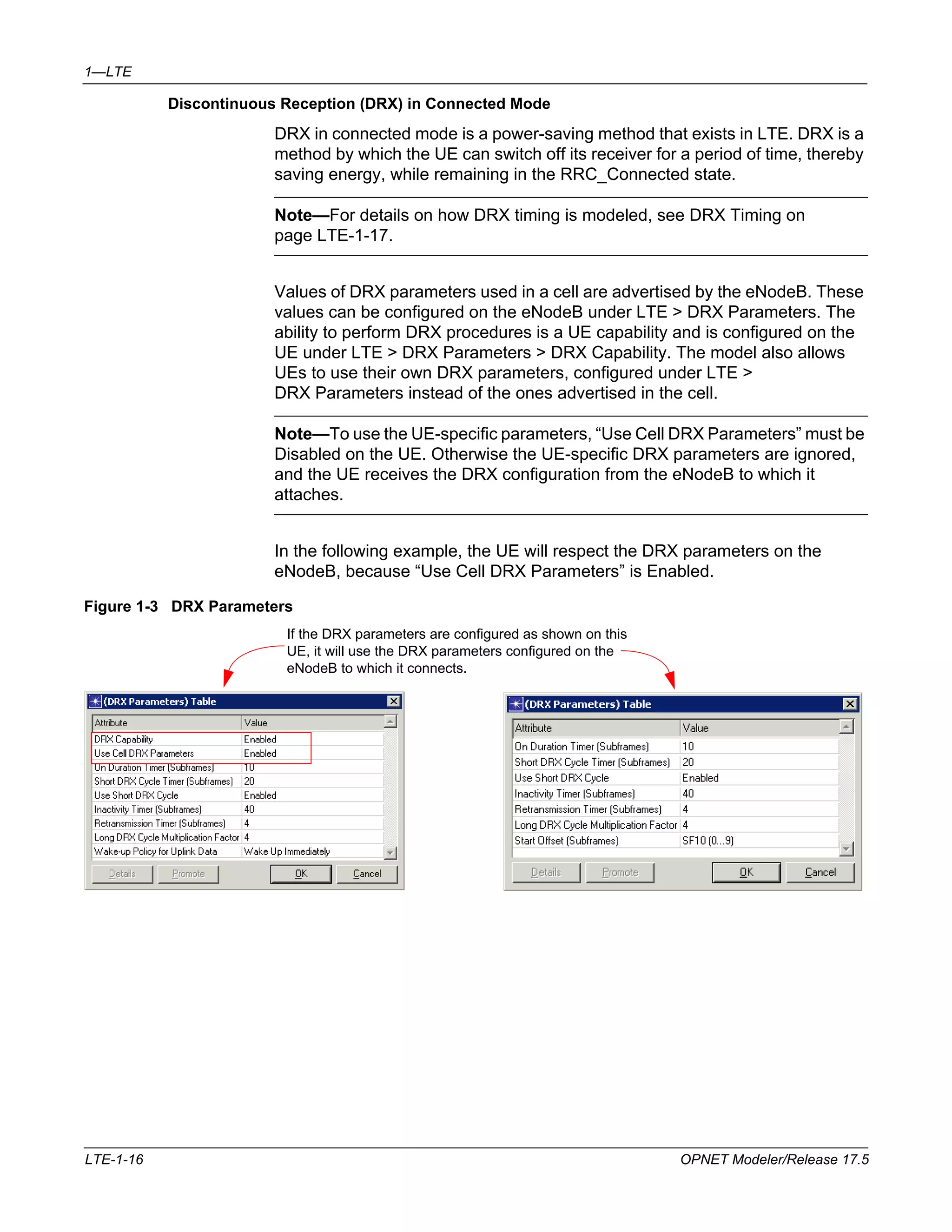1—LTE 
Discontinuous Reception (DRX) in Connected Mode 
DRX in connected mode is a power-saving method that exists in LTE. DRX is a 
method by which the UE can switch off its receiver for a period of time, thereby 
saving energy, while remaining in the RRC_Connected state. 
Note—For details on how DRX timing is modeled, see DRX Timing on 
page LTE-1-17. 
Values of DRX parameters used in a cell are advertised by the eNodeB. These 
values can be configured on the eNodeB under LTE > DRX Parameters. The 
ability to perform DRX procedures is a UE capability and is configured on the 
UE under LTE > DRX Parameters > DRX Capability. The model also allows 
UEs to use their own DRX parameters, configured under LTE > 
DRX Parameters instead of the ones advertised in the cell. 
Note—To use the UE-specific parameters, “Use Cell DRX Parameters” must be 
Disabled on the UE. Otherwise the UE-specific DRX parameters are ignored, 
and the UE receives the DRX configuration from the eNodeB to which it 
attaches. 
In the following example, the UE will respect the DRX parameters on the 
eNodeB, because “Use Cell DRX Parameters” is Enabled. 
Figure 1-3 DRX Parameters 
If the DRX parameters are configured as shown on this 
UE, it will use the DRX parameters configured on the 
eNodeB to which it connects. 
LTE-1-16 OPNET Modeler/Release 17.5 
 