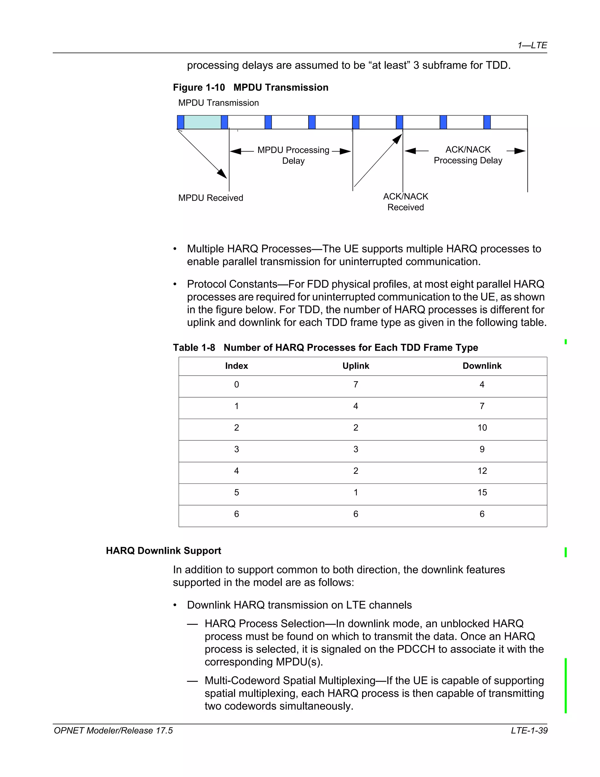 1—LTE 
processing delays are assumed to be “at least” 3 subframe for TDD. 
Figure 1-10 MPDU Transmission 
MPDU Transmission 
MPDU Processing 
Delay 
MPDU Received ACK/NACK 
Received 
ACK/NACK 
Processing Delay 
• Multiple HARQ Processes—The UE supports multiple HARQ processes to 
enable parallel transmission for uninterrupted communication. 
• Protocol Constants—For FDD physical profiles, at most eight parallel HARQ 
processes are required for uninterrupted communication to the UE, as shown 
in the figure below. For TDD, the number of HARQ processes is different for 
uplink and downlink for each TDD frame type as given in the following table. 
Table 1-8 Number of HARQ Processes for Each TDD Frame Type 
HARQ Downlink Support 
Index Uplink Downlink 
0 7 4 
1 4 7 
2 2 10 
3 3 9 
4 2 12 
5 1 15 
6 6 6 
In addition to support common to both direction, the downlink features 
supported in the model are as follows: 
• Downlink HARQ transmission on LTE channels 
— HARQ Process Selection—In downlink mode, an unblocked HARQ 
process must be found on which to transmit the data. Once an HARQ 
process is selected, it is signaled on the PDCCH to associate it with the 
corresponding MPDU(s). 
— Multi-Codeword Spatial Multiplexing—If the UE is capable of supporting 
spatial multiplexing, each HARQ process is then capable of transmitting 
two codewords simultaneously. 
OPNET Modeler/Release 17.5 LTE-1-39 
 