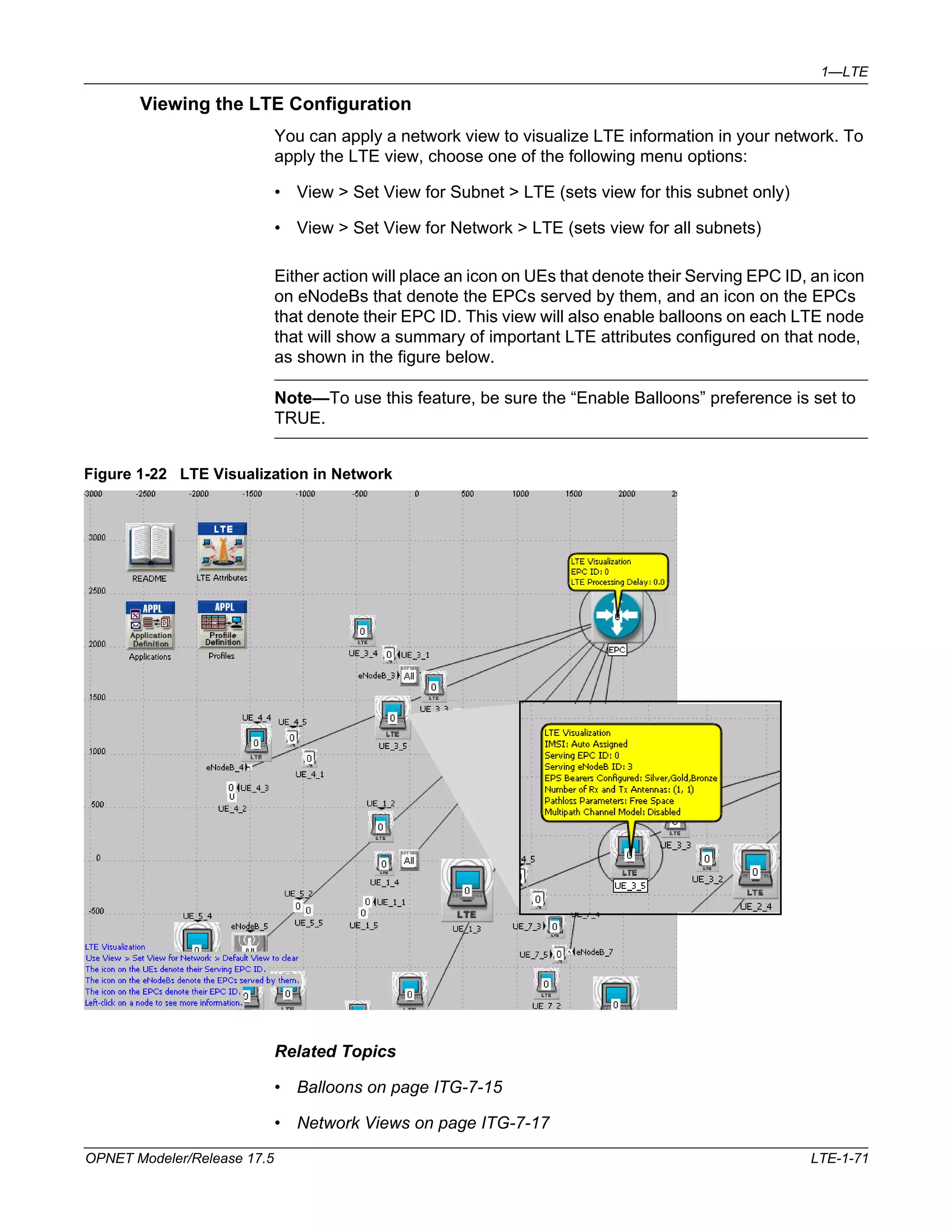 1—LTE 
Viewing the LTE Configuration 
You can apply a network view to visualize LTE information in your network. To 
apply the LTE view, choose one of the following menu options: 
• View > Set View for Subnet > LTE (sets view for this subnet only) 
• View > Set View for Network > LTE (sets view for all subnets) 
Either action will place an icon on UEs that denote their Serving EPC ID, an icon 
on eNodeBs that denote the EPCs served by them, and an icon on the EPCs 
that denote their EPC ID. This view will also enable balloons on each LTE node 
that will show a summary of important LTE attributes configured on that node, 
as shown in the figure below. 
Note—To use this feature, be sure the “Enable Balloons” preference is set to 
TRUE. 
Figure 1-22 LTE Visualization in Network 
Related Topics 
• Balloons on page ITG-7-15 
• Network Views on page ITG-7-17 
OPNET Modeler/Release 17.5 LTE-1-71 
 