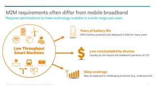 @2013-2014 Qualcomm Technologies, Inc. and/or its affiliated companies. All Rights Reserved. 9
M2M requirements often differ from mobile broadband
Requires optimizations to make technology scalable to a wide range use cases
Years of battery life
Often battery-powered and deployed in field for many years
Low cost/complexity devices
Usually do not require the wideband operation of LTE
Deep coverage
May be deployed in challenging locations (e.g., underground)
Low Throughput
Smart Machines
 