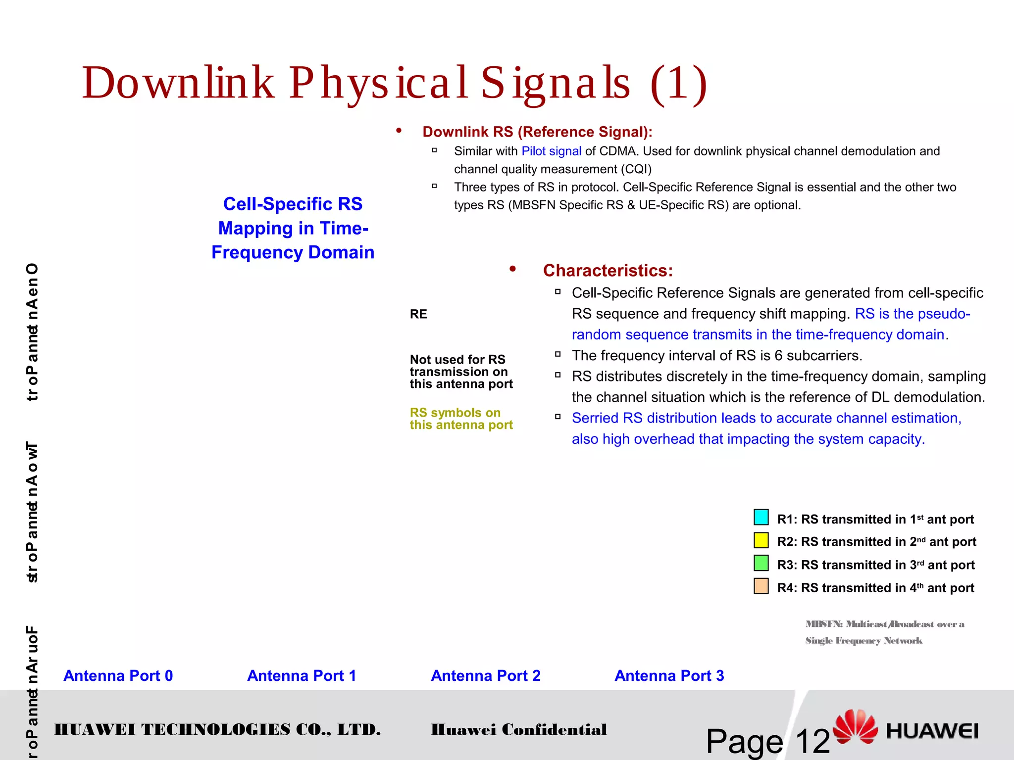 HUAWEI TECHNOLOGIES CO., LTD.
Page 12
Huawei Confidential
Downlink Physical Signals (1)
 Downlink RS (Reference Signal):
 Similar with Pilot signal of CDMA. Used for downlink physical channel demodulation and
channel quality measurement (CQI)

Three types of RS in protocol. Cell-Specific Reference Signal is essential and the other two
types RS (MBSFN Specific RS & UE-Specific RS) are optional.Cell-Specific RS
Mapping in Time-
Frequency Domain
OneAntennaPortTwoAntennaPortsFourAntennaPor
Antenna Port 0 Antenna Port 1 Antenna Port 2 Antenna Port 3
 Characteristics:

Cell-Specific Reference Signals are generated from cell-specific
RS sequence and frequency shift mapping. RS is the pseudo-
random sequence transmits in the time-frequency domain.

The frequency interval of RS is 6 subcarriers.

RS distributes discretely in the time-frequency domain, sampling
the channel situation which is the reference of DL demodulation.
 Serried RS distribution leads to accurate channel estimation,
also high overhead that impacting the system capacity.
MBSFN: Multicast/Broadcast over a
Single Frequency Network
RE
Not used for RS
transmission on
this antenna port
RS symbols on
this antenna port
R1: RS transmitted in 1st
ant port
R2: RS transmitted in 2nd ant port
R3: RS transmitted in 3rd ant port
R4: RS transmitted in 4th
ant port
 