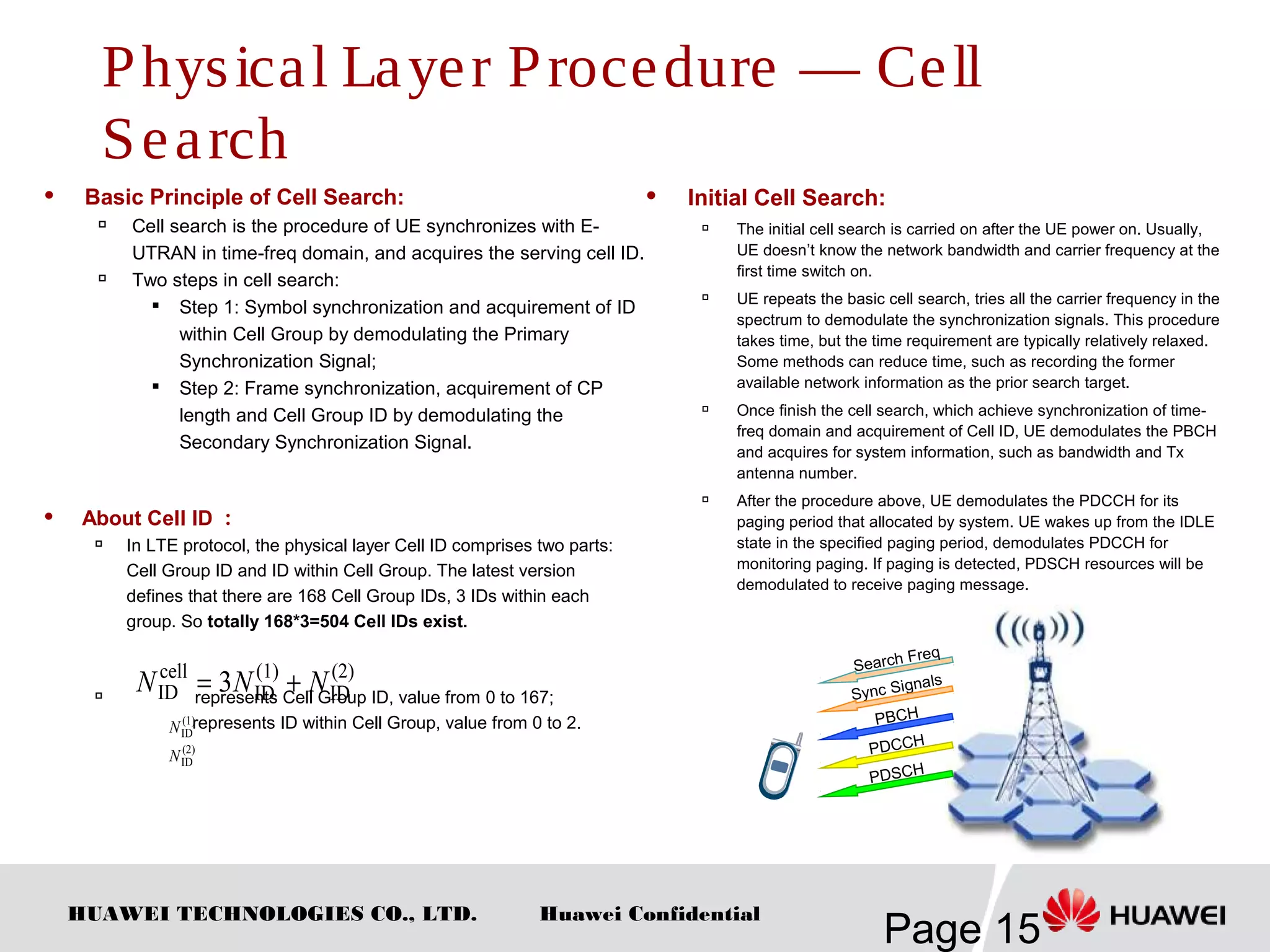 HUAWEI TECHNOLOGIES CO., LTD.
Page 15
Huawei Confidential
 Basic Principle of Cell Search:

Cell search is the procedure of UE synchronizes with E-
UTRAN in time-freq domain, and acquires the serving cell ID.

Two steps in cell search:

Step 1: Symbol synchronization and acquirement of ID
within Cell Group by demodulating the Primary
Synchronization Signal;

Step 2: Frame synchronization, acquirement of CP
length and Cell Group ID by demodulating the
Secondary Synchronization Signal.
 About Cell ID ：

In LTE protocol, the physical layer Cell ID comprises two parts:
Cell Group ID and ID within Cell Group. The latest version
defines that there are 168 Cell Group IDs, 3 IDs within each
group. So totally 168*3=504 Cell IDs exist.

represents Cell Group ID, value from 0 to 167;
represents ID within Cell Group, value from 0 to 2.
(2)
ID
(1)
ID
cell
ID 3 NNN +=
(1)
IDN
(2)
IDN
 Initial Cell Search:
 The initial cell search is carried on after the UE power on. Usually,
UE doesn’t know the network bandwidth and carrier frequency at the
first time switch on.

UE repeats the basic cell search, tries all the carrier frequency in the
spectrum to demodulate the synchronization signals. This procedure
takes time, but the time requirement are typically relatively relaxed.
Some methods can reduce time, such as recording the former
available network information as the prior search target.

Once finish the cell search, which achieve synchronization of time-
freq domain and acquirement of Cell ID, UE demodulates the PBCH
and acquires for system information, such as bandwidth and Tx
antenna number.
 After the procedure above, UE demodulates the PDCCH for its
paging period that allocated by system. UE wakes up from the IDLE
state in the specified paging period, demodulates PDCCH for
monitoring paging. If paging is detected, PDSCH resources will be
demodulated to receive paging message.
Search Freq
Sync Signals
PBCH
PDCCH
PDSCH
Physical Layer Procedure — Cell
Search
 