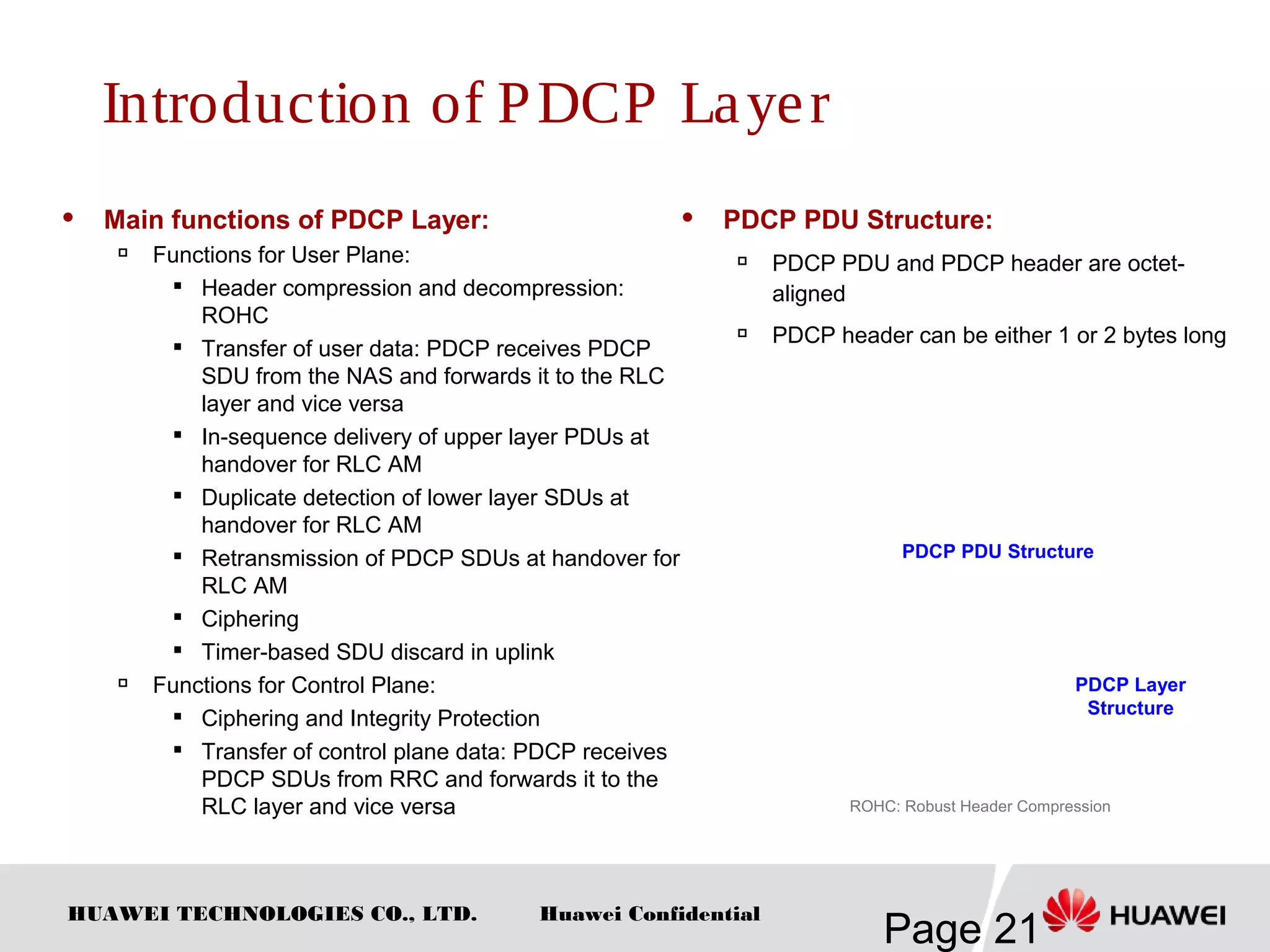 HUAWEI TECHNOLOGIES CO., LTD.
Page 21
Huawei Confidential
 Main functions of PDCP Layer:

Functions for User Plane:

Header compression and decompression:
ROHC
 Transfer of user data: PDCP receives PDCP
SDU from the NAS and forwards it to the RLC
layer and vice versa
 In-sequence delivery of upper layer PDUs at
handover for RLC AM

Duplicate detection of lower layer SDUs at
handover for RLC AM

Retransmission of PDCP SDUs at handover for
RLC AM

Ciphering

Timer-based SDU discard in uplink

Functions for Control Plane:
 Ciphering and Integrity Protection

Transfer of control plane data: PDCP receives
PDCP SDUs from RRC and forwards it to the
RLC layer and vice versa
 PDCP PDU Structure:

PDCP PDU and PDCP header are octet-
aligned

PDCP header can be either 1 or 2 bytes long
PDCP Layer
Structure
ROHC: Robust Header Compression
PDCP PDU Structure
Introduction of PDCP Layer
 